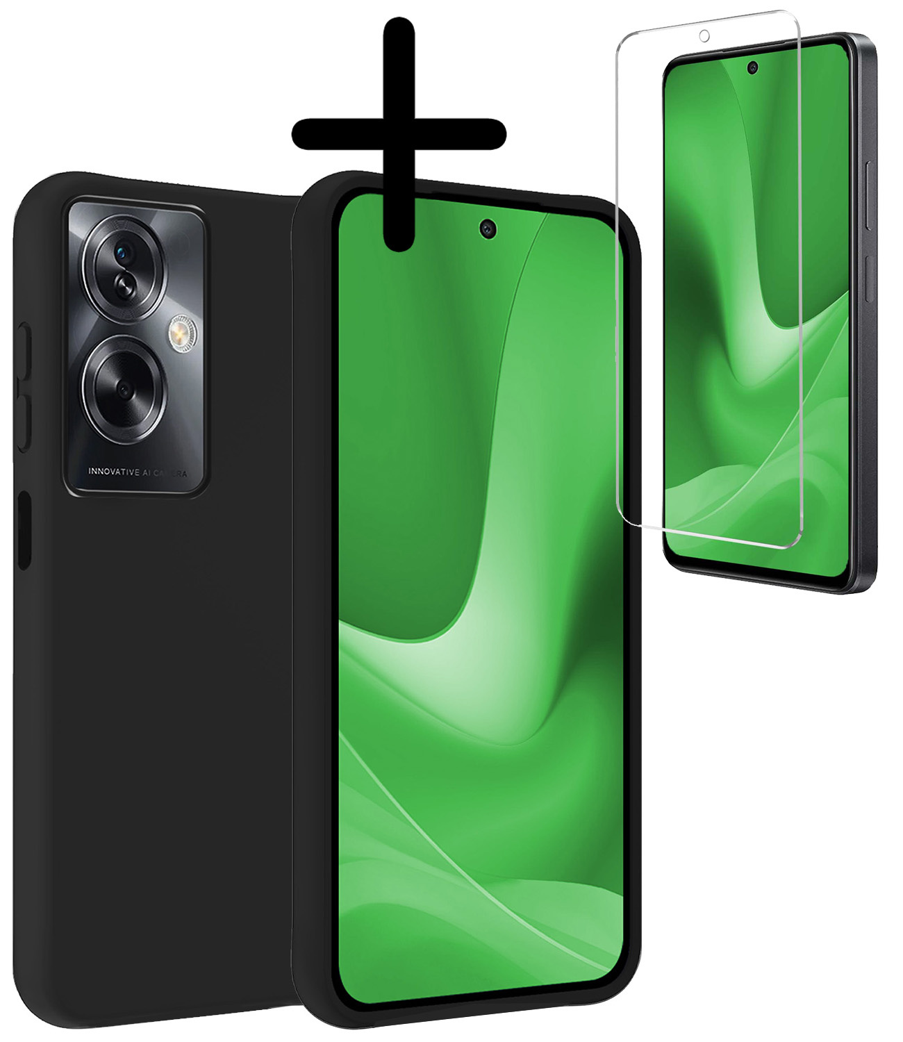 BASEY. Hoes Geschikt voor OPPO A79 Hoesje Siliconen Back Cover Case Met Screenprotector - Hoesje Geschikt voor OPPO A79 Hoes Cover Hoesje - Zwart