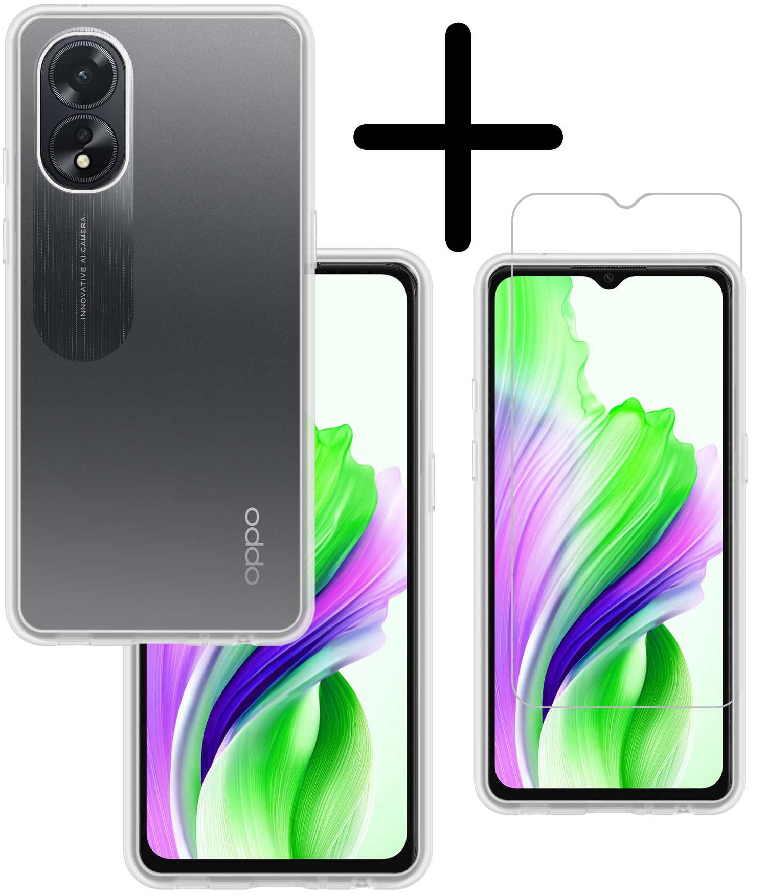BASEY. Hoes Geschikt voor OPPO A18 Hoesje Siliconen Back Cover Case Met Screenprotector - Hoesje Geschikt voor OPPO A18 Hoes Cover Hoesje - Transparant