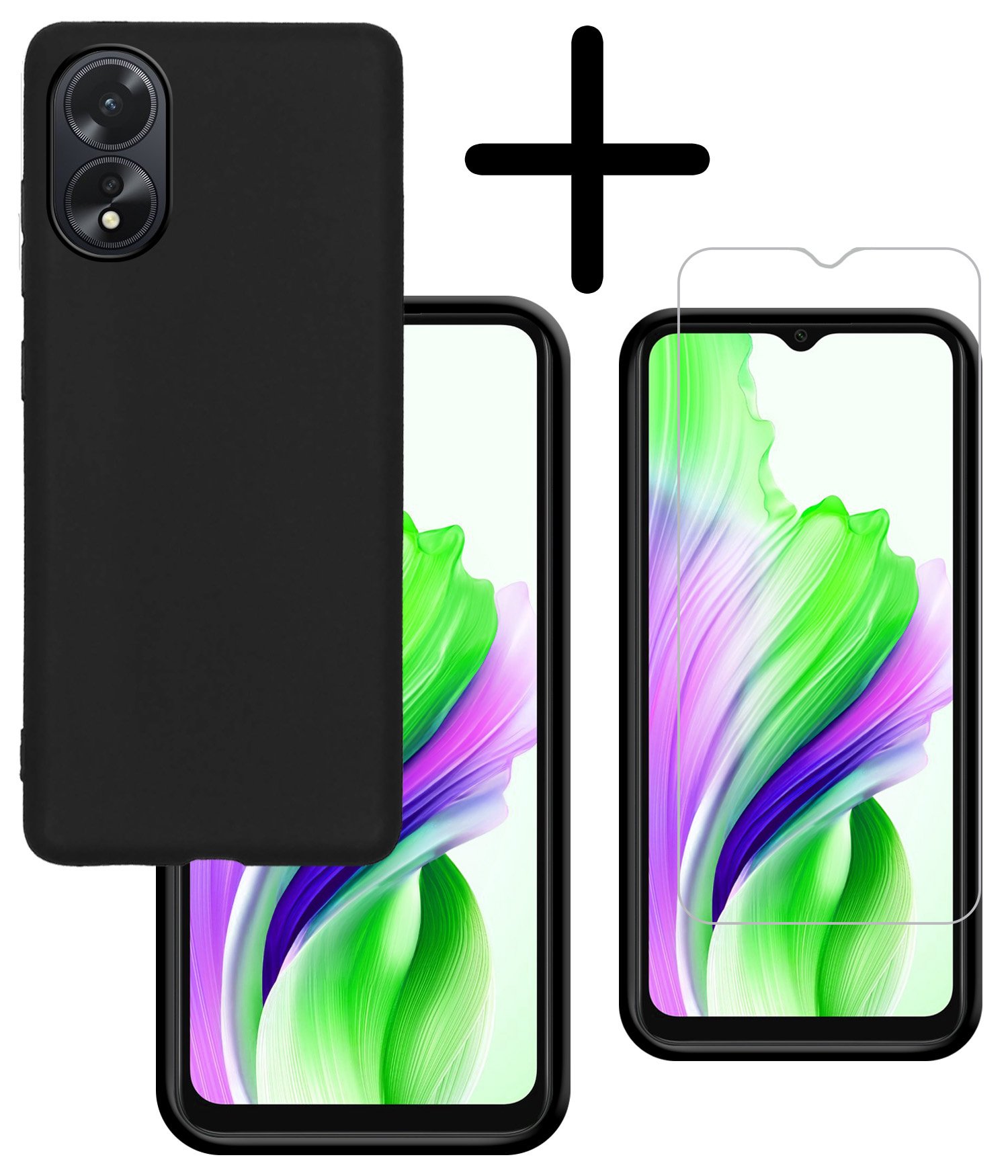 BASEY. Hoes Geschikt voor OPPO A18 Hoesje Siliconen Back Cover Case Met Screenprotector - Hoesje Geschikt voor OPPO A18 Hoes Cover Hoesje - Zwart
