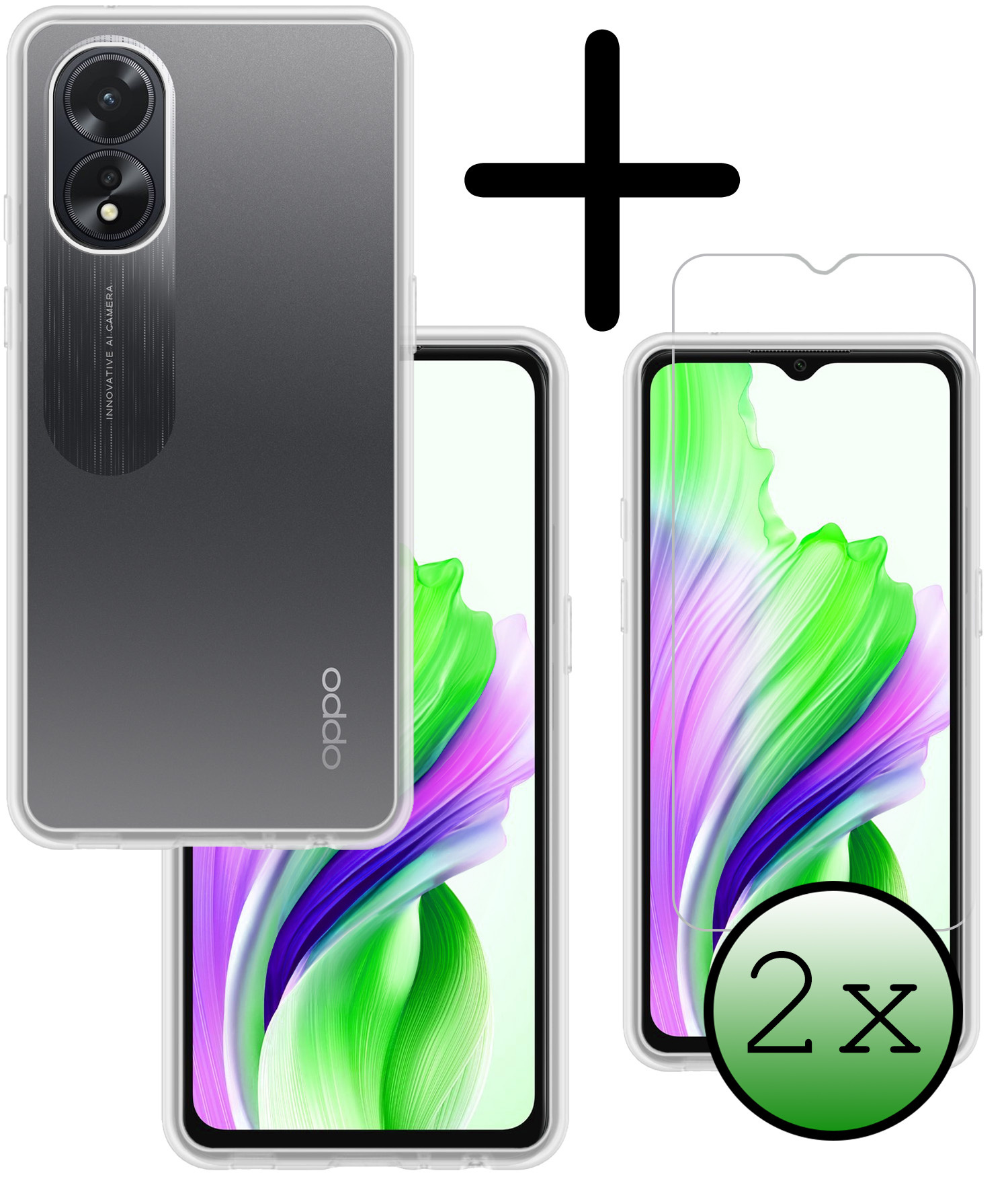 BASEY. Hoes Geschikt voor OPPO A18 Hoesje Siliconen Back Cover Case Met 2x Screenprotector - Hoesje Geschikt voor OPPO A18 Hoes Cover Hoesje - Transparant