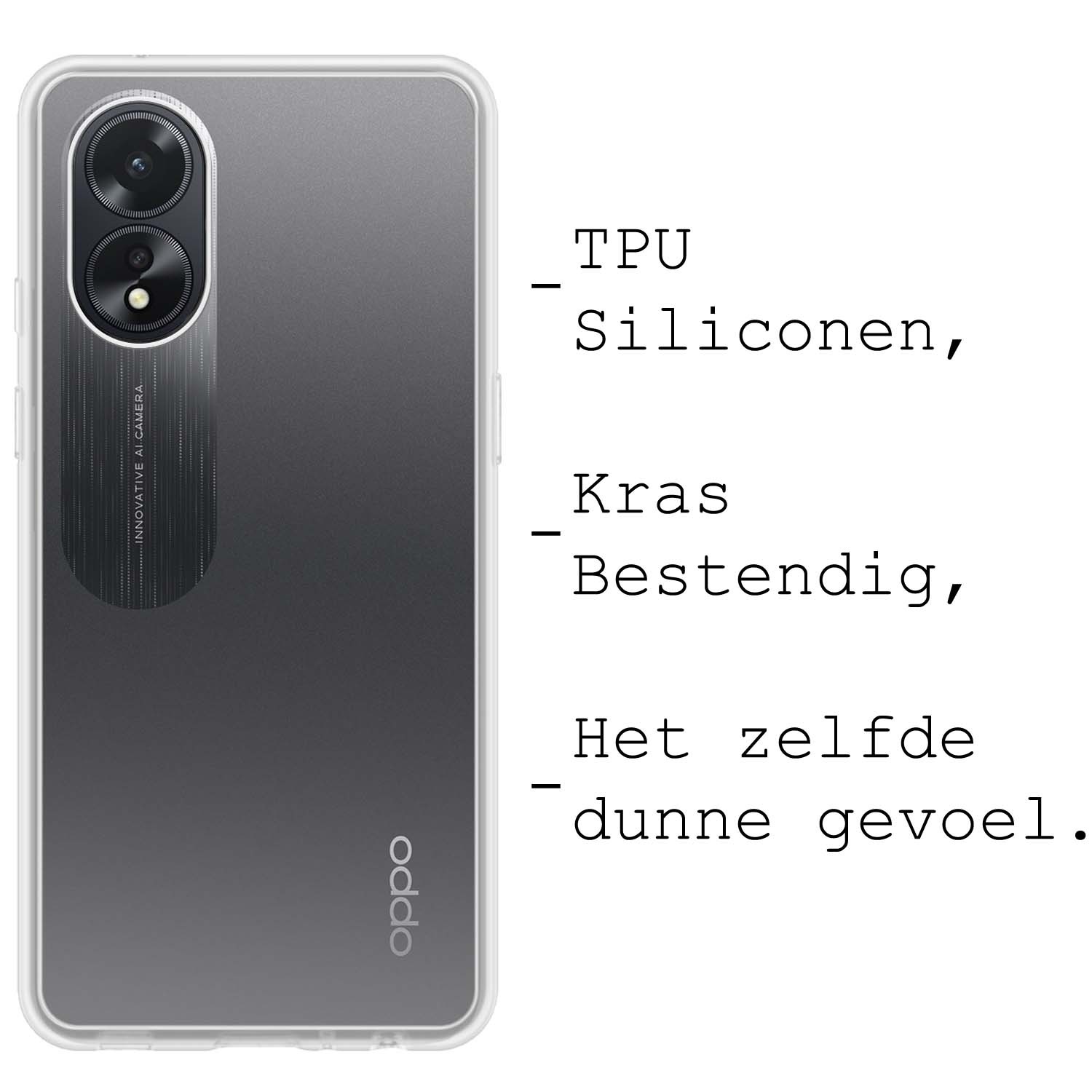 BASEY. Hoes Geschikt voor OPPO A18 Hoesje Siliconen Back Cover Case Met 2x Screenprotector - Hoesje Geschikt voor OPPO A18 Hoes Cover Hoesje - Transparant