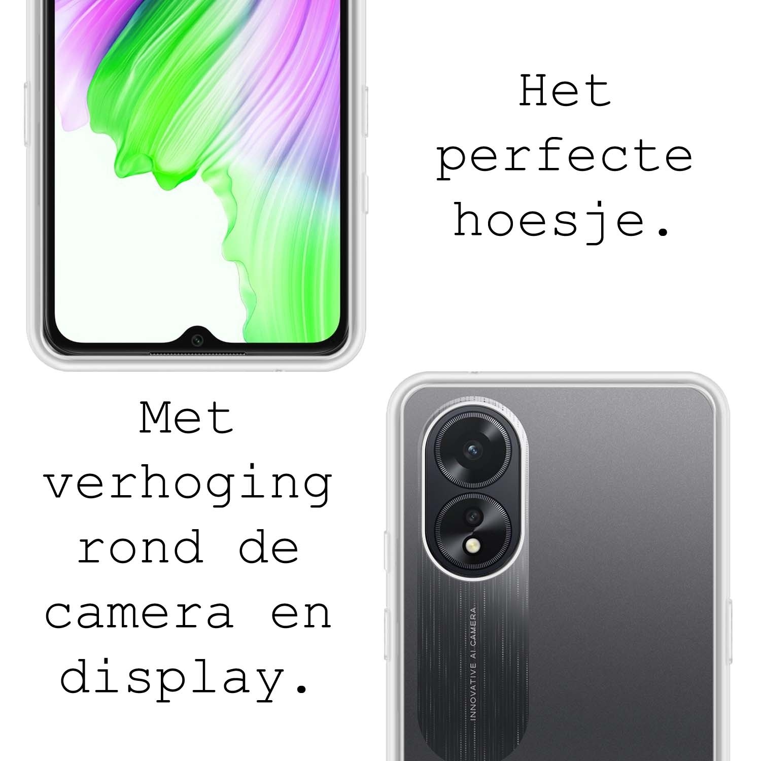 BASEY. Hoes Geschikt voor OPPO A18 Hoesje Siliconen Back Cover Case Met 2x Screenprotector - Hoesje Geschikt voor OPPO A18 Hoes Cover Hoesje - Transparant