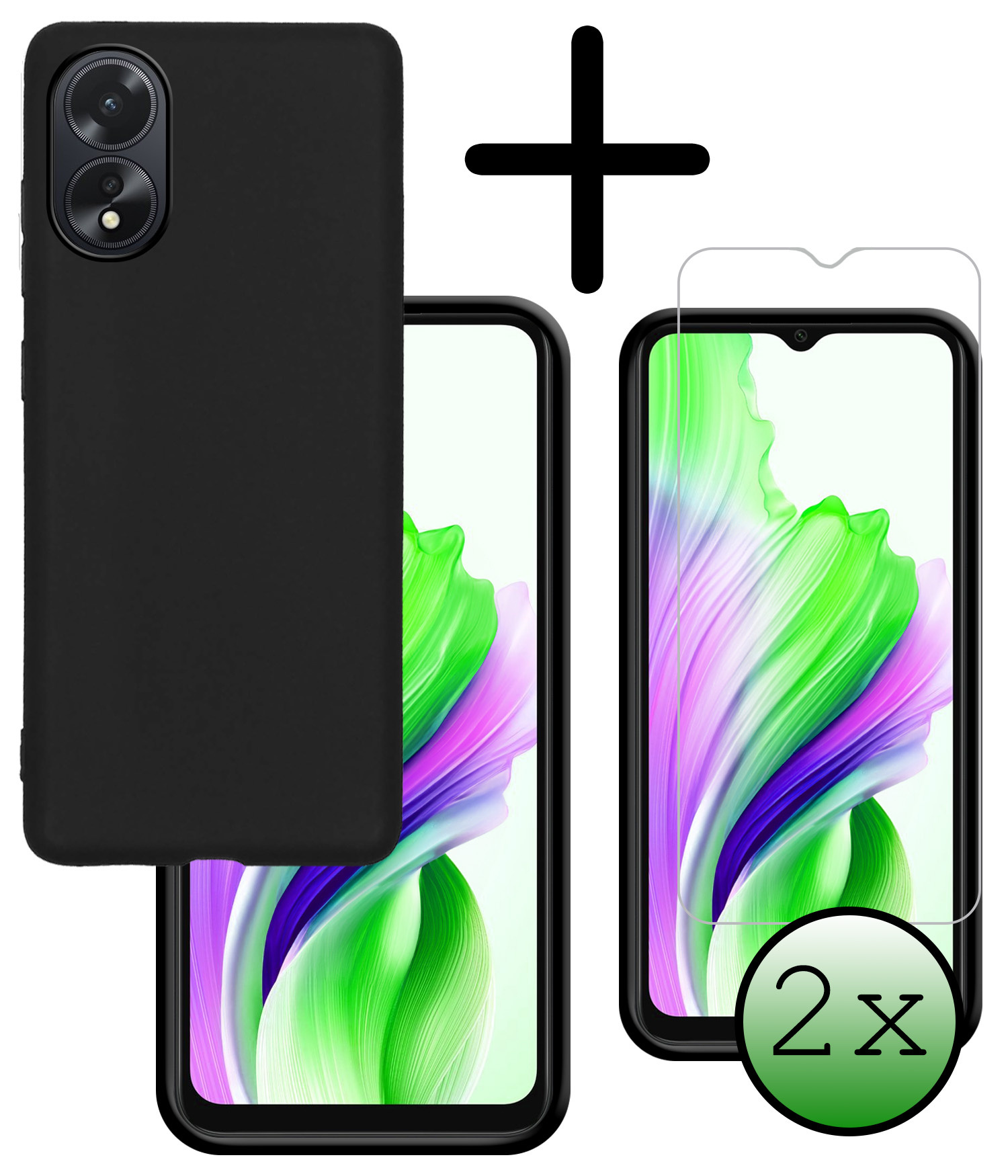 BASEY. Hoes Geschikt voor OPPO A18 Hoesje Siliconen Back Cover Case Met 2x Screenprotector - Hoesje Geschikt voor OPPO A18 Hoes Cover Hoesje - Zwart