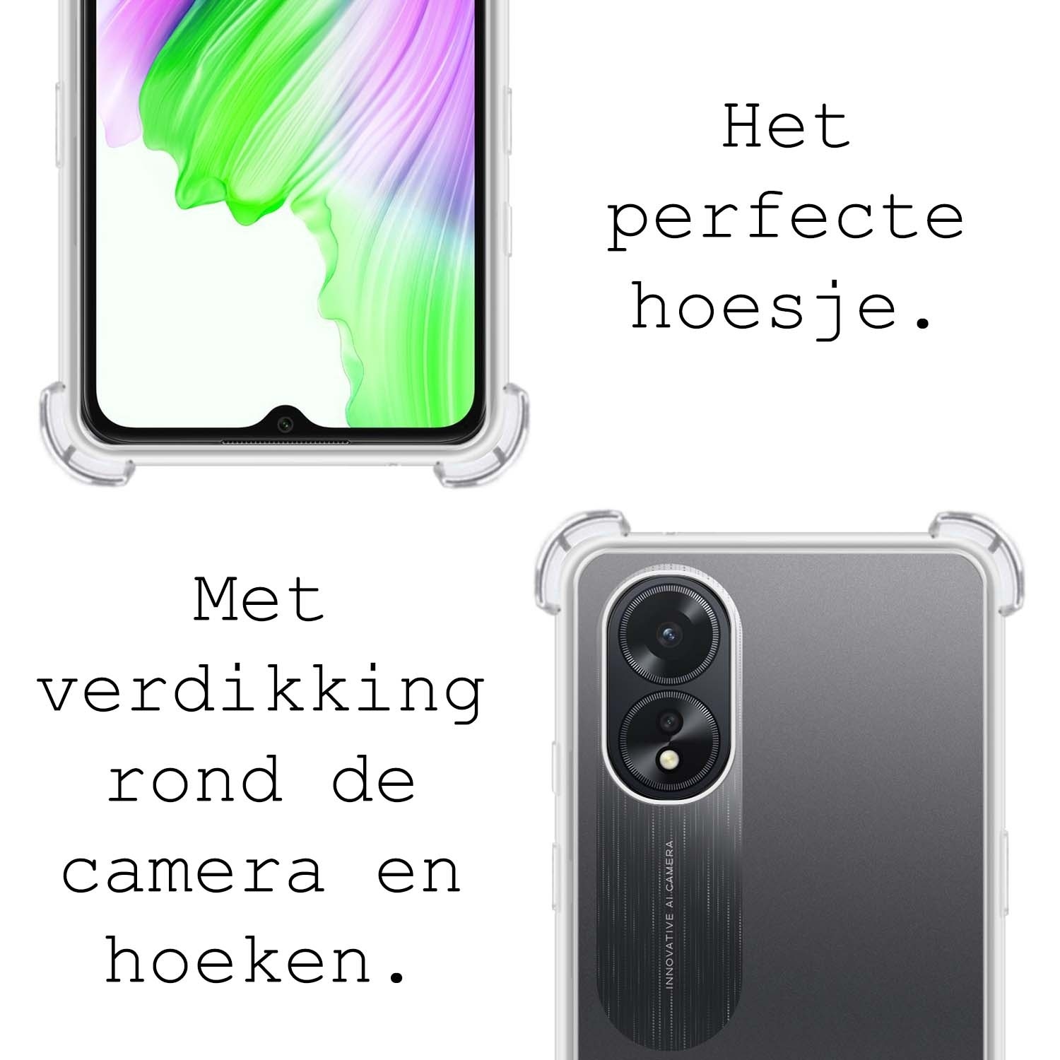 BASEY. Hoes Geschikt voor OPPO A18 Hoesje Shock Proof Case Hoes Siliconen - Hoesje Geschikt voor OPPO A18 Hoes Cover Shockproof - Transparant - 2 Stuks