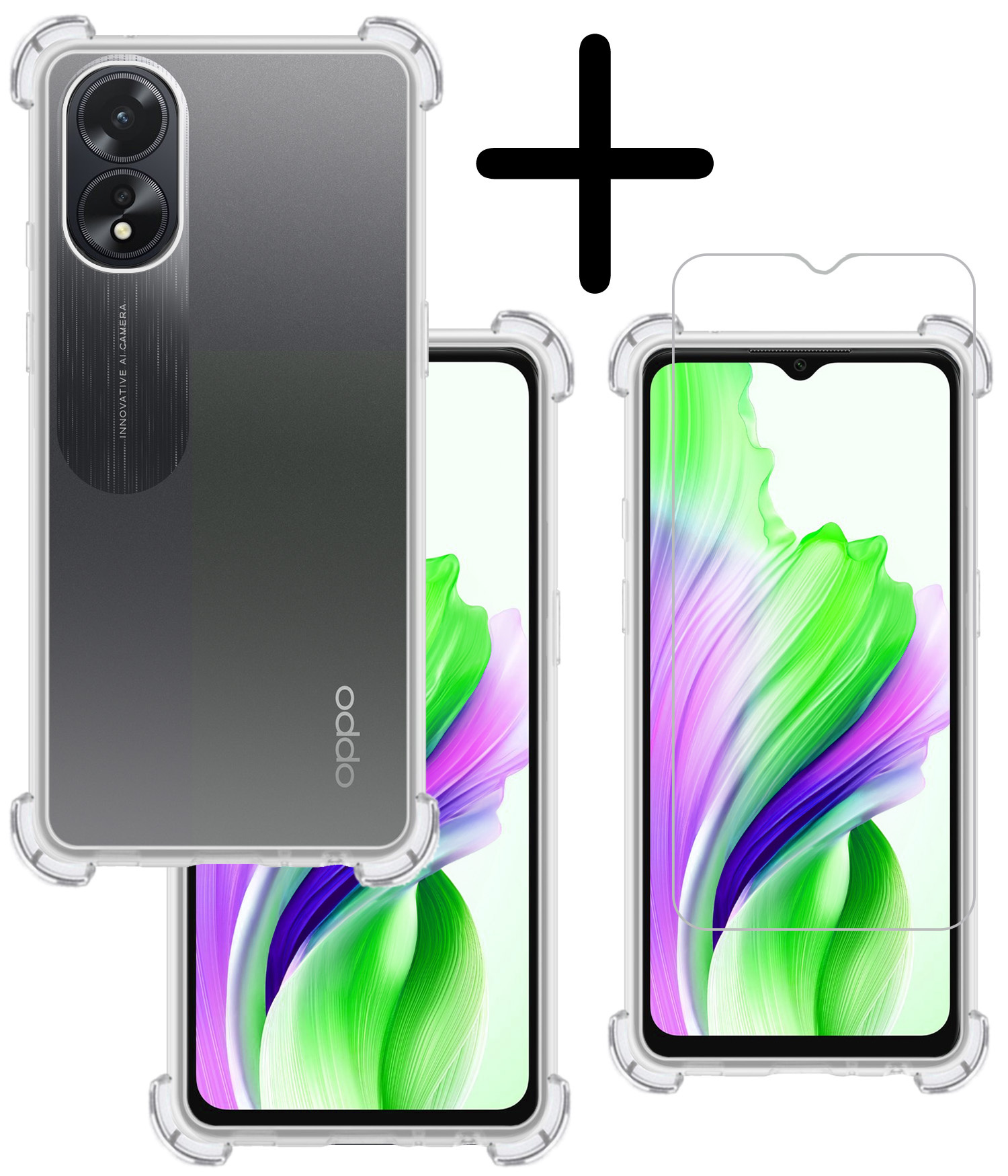 BASEY. Hoes Geschikt voor OPPO A18 Hoesje Shock Proof Case Hoes Siliconen Met Screenprotector - Hoesje Geschikt voor OPPO A18 Hoes Cover Shockproof - Transparant