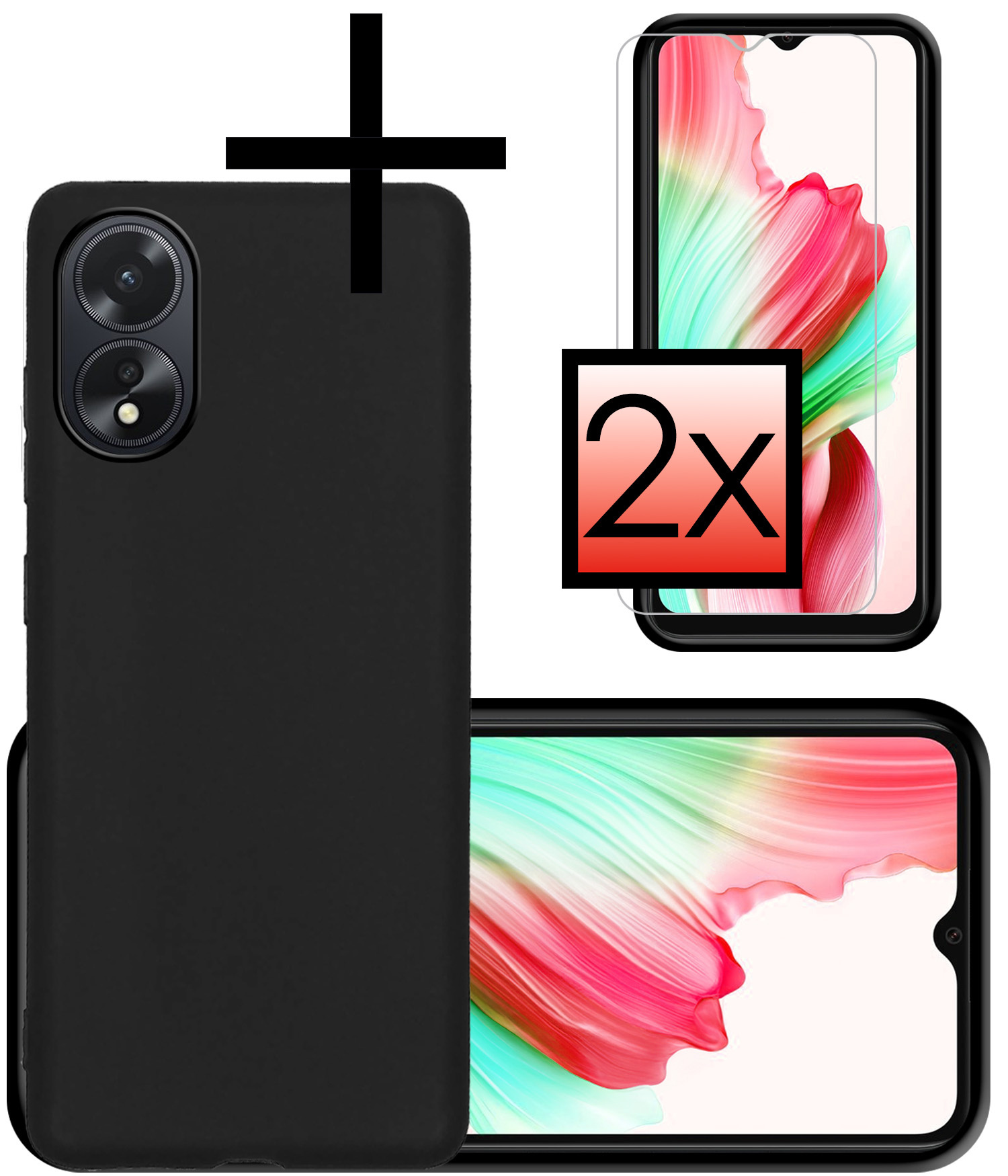 NoXx Hoes Geschikt voor OPPO A18 Hoesje Cover Siliconen Back Case Hoes Met 2x Screenprotector - Zwart