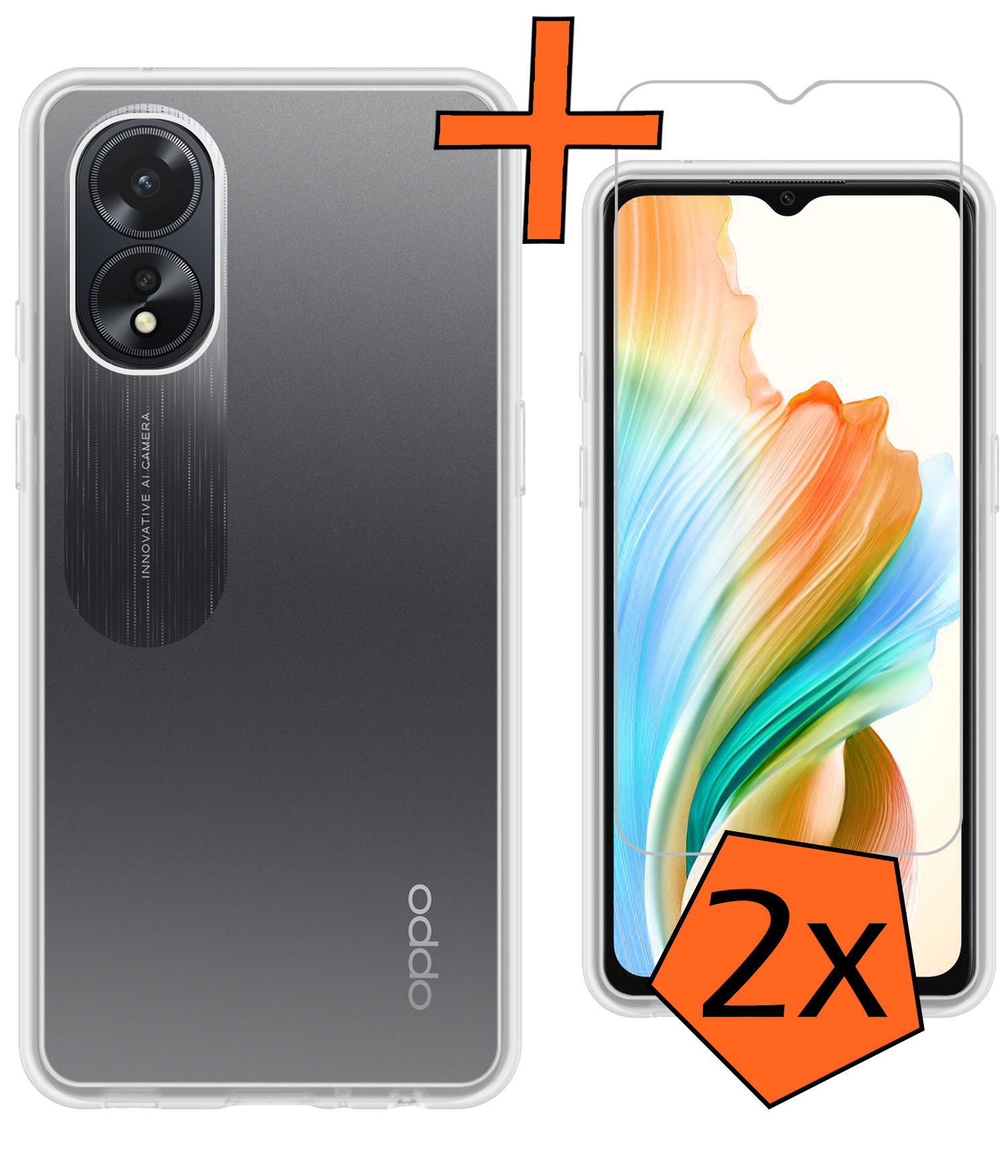 Nomfy Hoesje Geschikt voor OPPO A18 Hoesje Siliconen Cover Case Met 2x Screenprotector - Hoes Geschikt voor OPPO A18 Hoes Back Case - Transparant