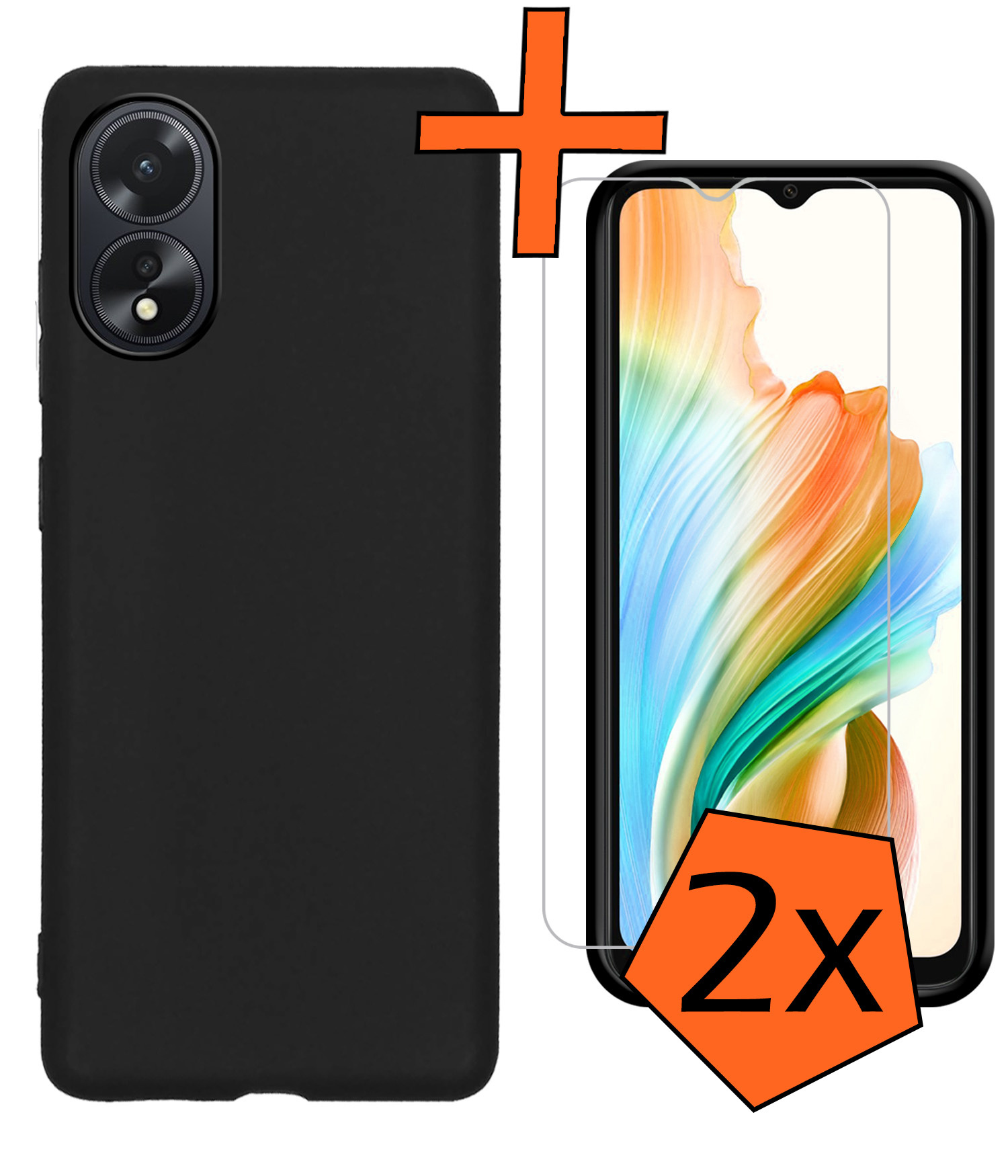 Nomfy Hoesje Geschikt voor OPPO A18 Hoesje Siliconen Cover Case Met 2x Screenprotector - Hoes Geschikt voor OPPO A18 Hoes Back Case - Zwart