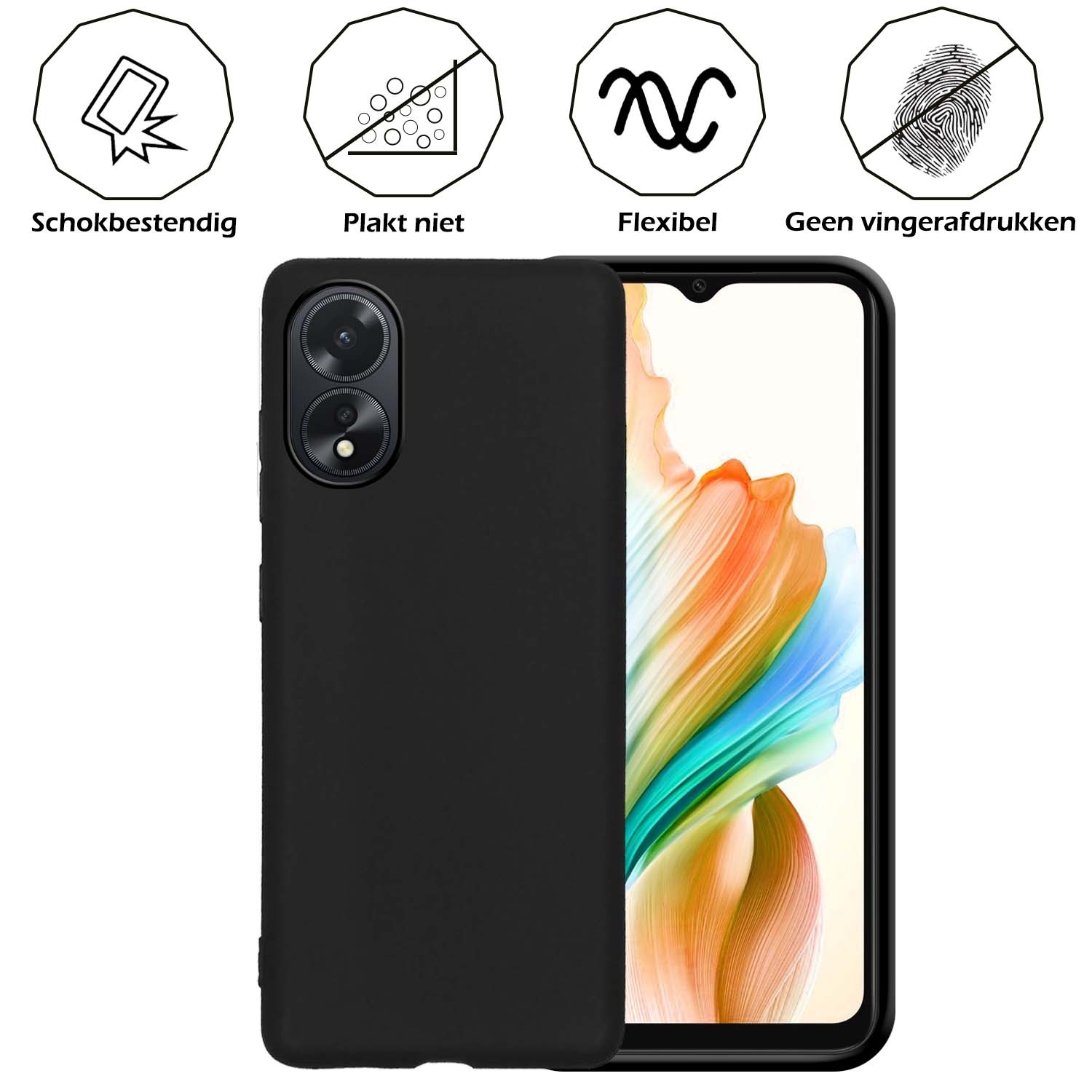 Nomfy Hoesje Geschikt voor OPPO A18 Hoesje Siliconen Cover Case Met 2x Screenprotector - Hoes Geschikt voor OPPO A18 Hoes Back Case - Zwart