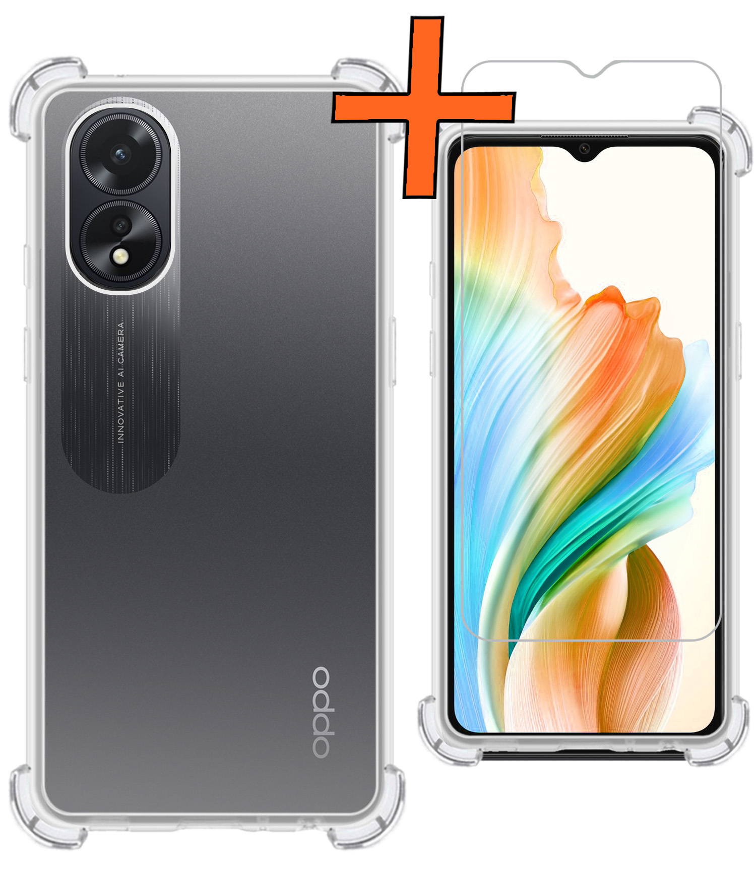 Nomfy Hoesje Geschikt voor OPPO A18 Hoesje Shock Proof Cover Case Shockproof Met Screenprotector - Hoes Geschikt voor OPPO A18 Hoes Siliconen Back Case - Transparant