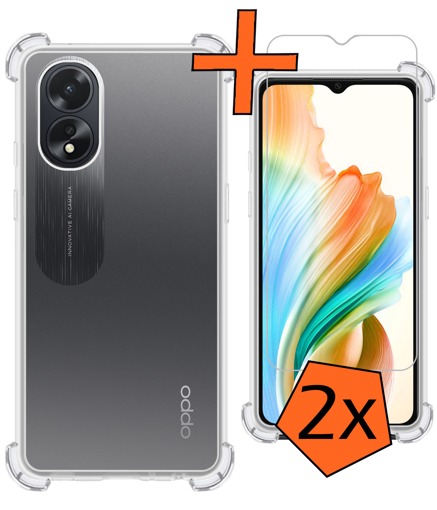 Nomfy Hoesje Geschikt voor OPPO A18 Hoesje Shock Proof Cover Case Shockproof Met 2x Screenprotector - Hoes Geschikt voor OPPO A18 Hoes Siliconen Back Case - Transparant