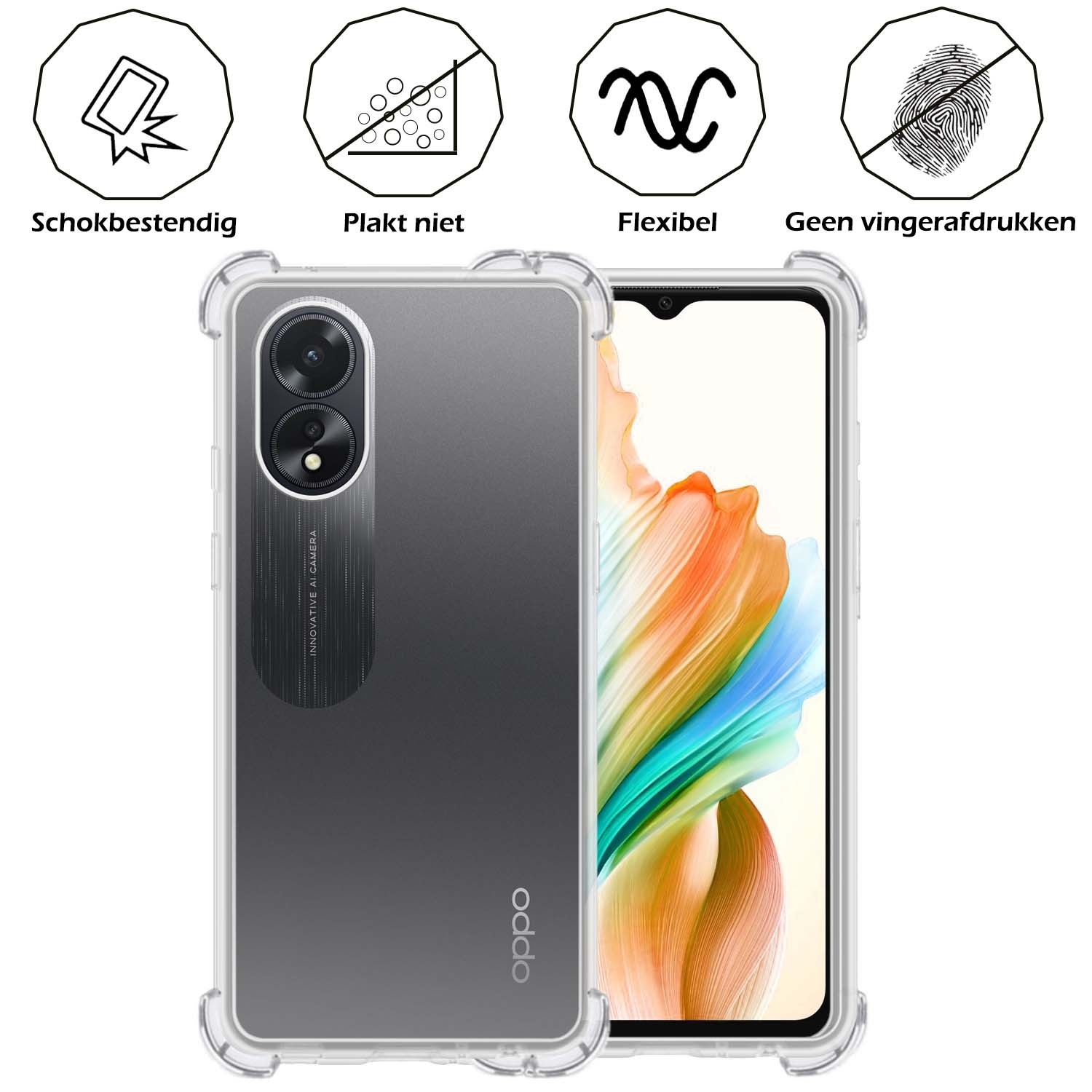 Nomfy Hoesje Geschikt voor OPPO A18 Hoesje Shock Proof Cover Case Shockproof Met 2x Screenprotector - Hoes Geschikt voor OPPO A18 Hoes Siliconen Back Case - Transparant
