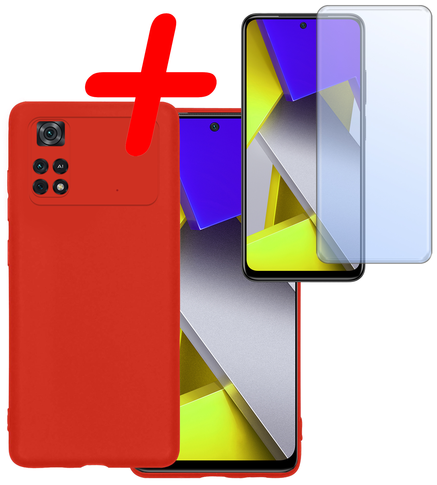 BASEY. Xiaomi Poco X4 Pro 5G Hoesje Siliconen Back Cover Case Met Screenprotector - Xiaomi Poco X4 Pro 5G Hoes Silicone Case Hoesje - Rood