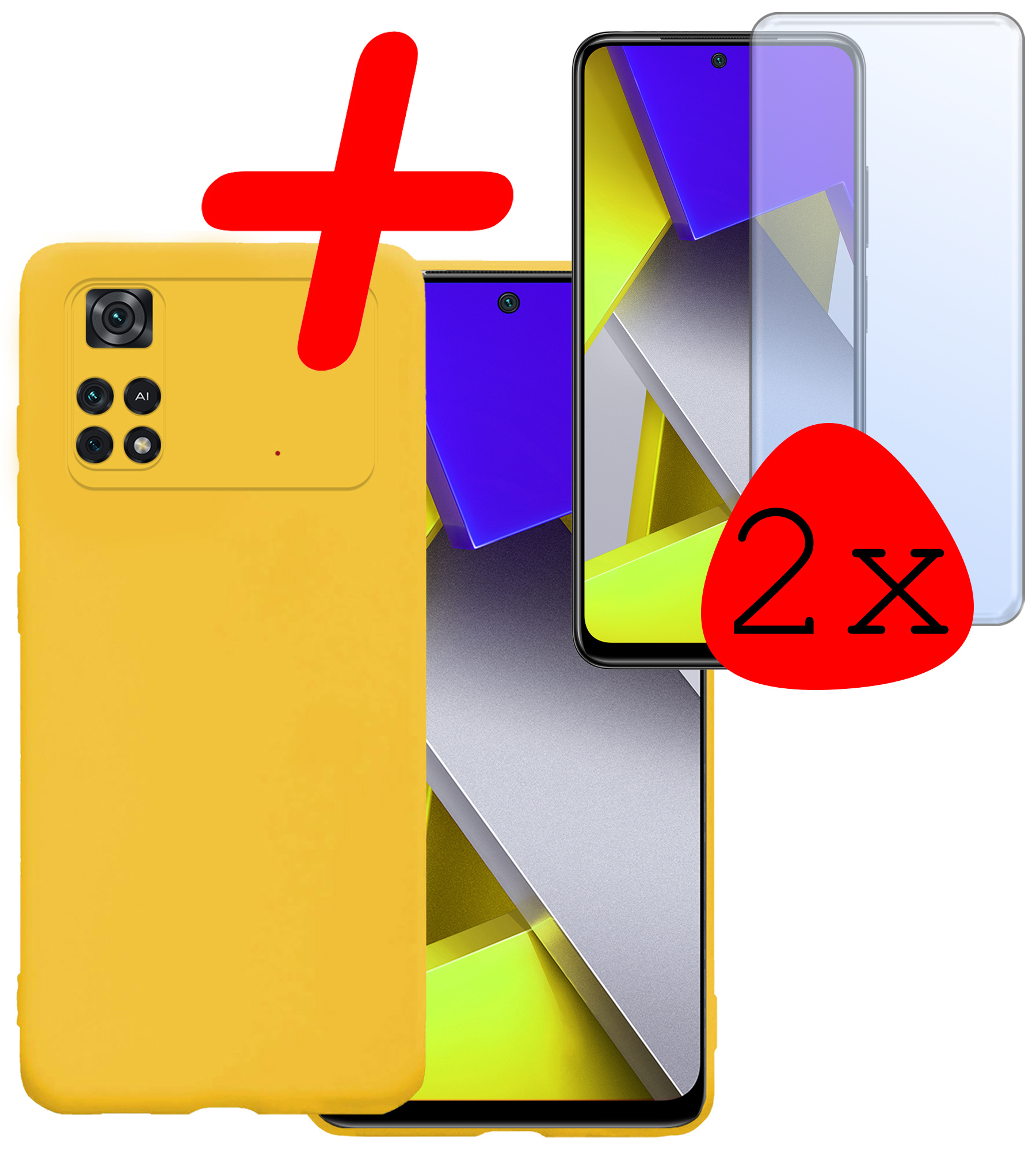BASEY. Xiaomi Poco X4 Pro 5G Hoesje Siliconen Back Cover Case Met 2x Screenprotector - Xiaomi Poco X4 Pro 5G Hoes Silicone Case Hoesje - Geel