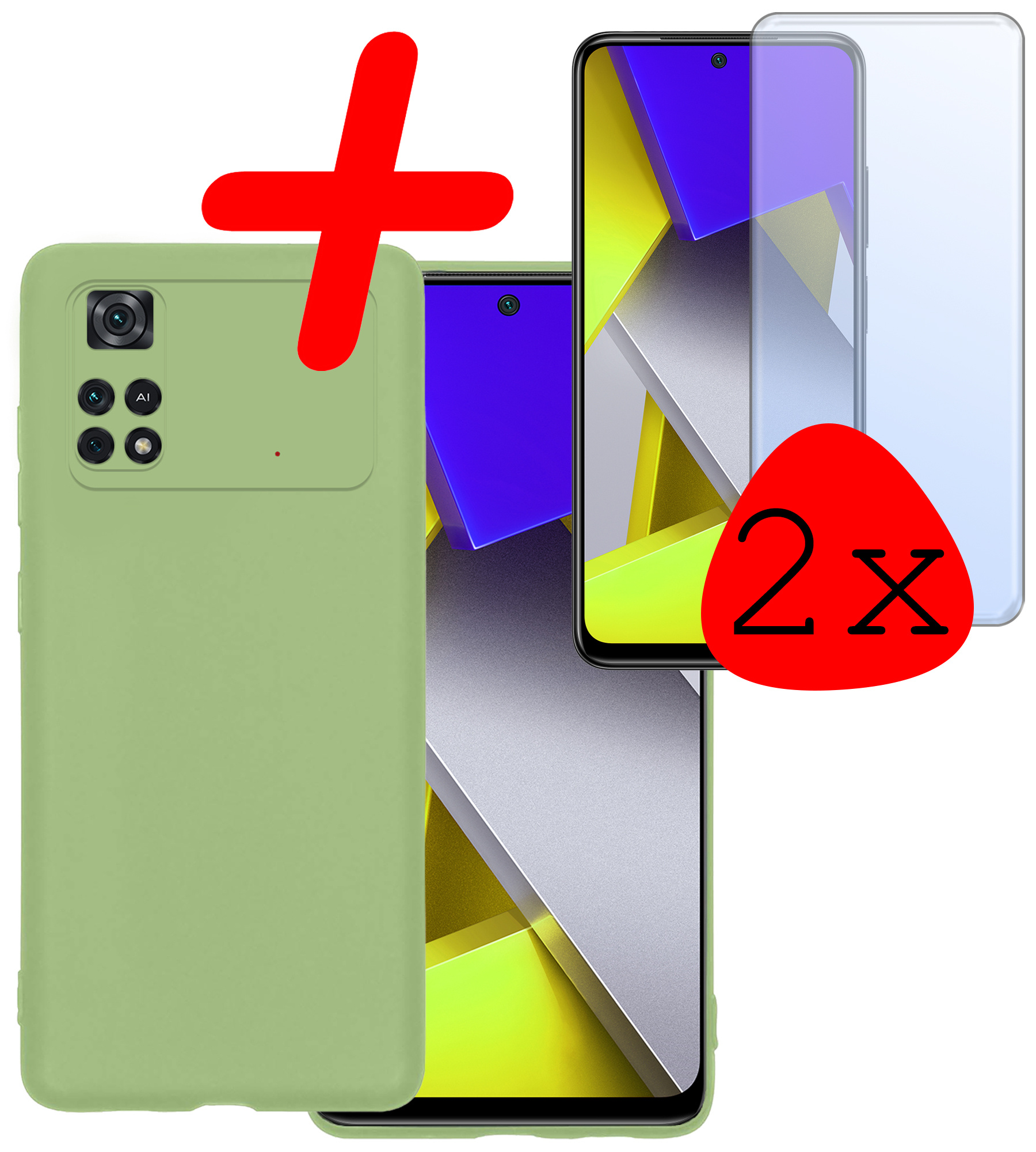 BASEY. Xiaomi Poco X4 Pro 5G Hoesje Siliconen Back Cover Case Met 2x Screenprotector - Xiaomi Poco X4 Pro 5G Hoes Silicone Case Hoesje - Groen