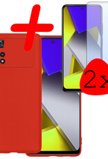 BASEY. Xiaomi Poco X4 Pro 5G Hoesje Siliconen Back Cover Case Met 2x Screenprotector - Xiaomi Poco X4 Pro 5G Hoes Silicone Case Hoesje - Rood