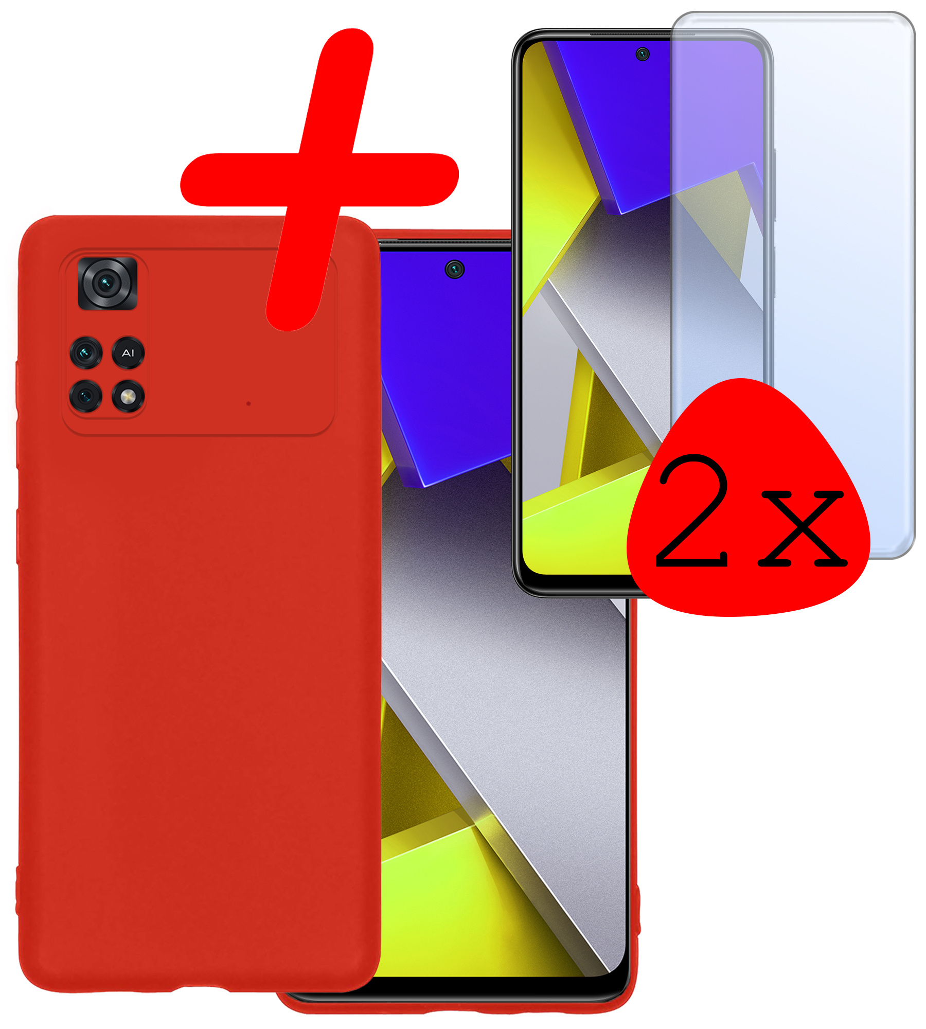 BASEY. Xiaomi Poco X4 Pro 5G Hoesje Siliconen Back Cover Case Met 2x Screenprotector - Xiaomi Poco X4 Pro 5G Hoes Silicone Case Hoesje - Rood