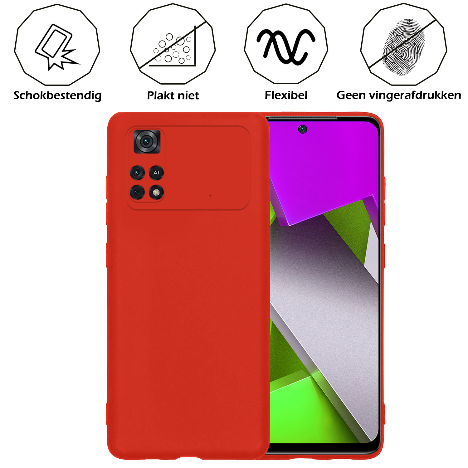 Nomfy Xiaomi Poco X4 Pro 5G Hoesje Siliconen Case Back Cover Met Screenprotector - Xiaomi Poco X4 Pro 5G Hoes Cover Silicone - Rood