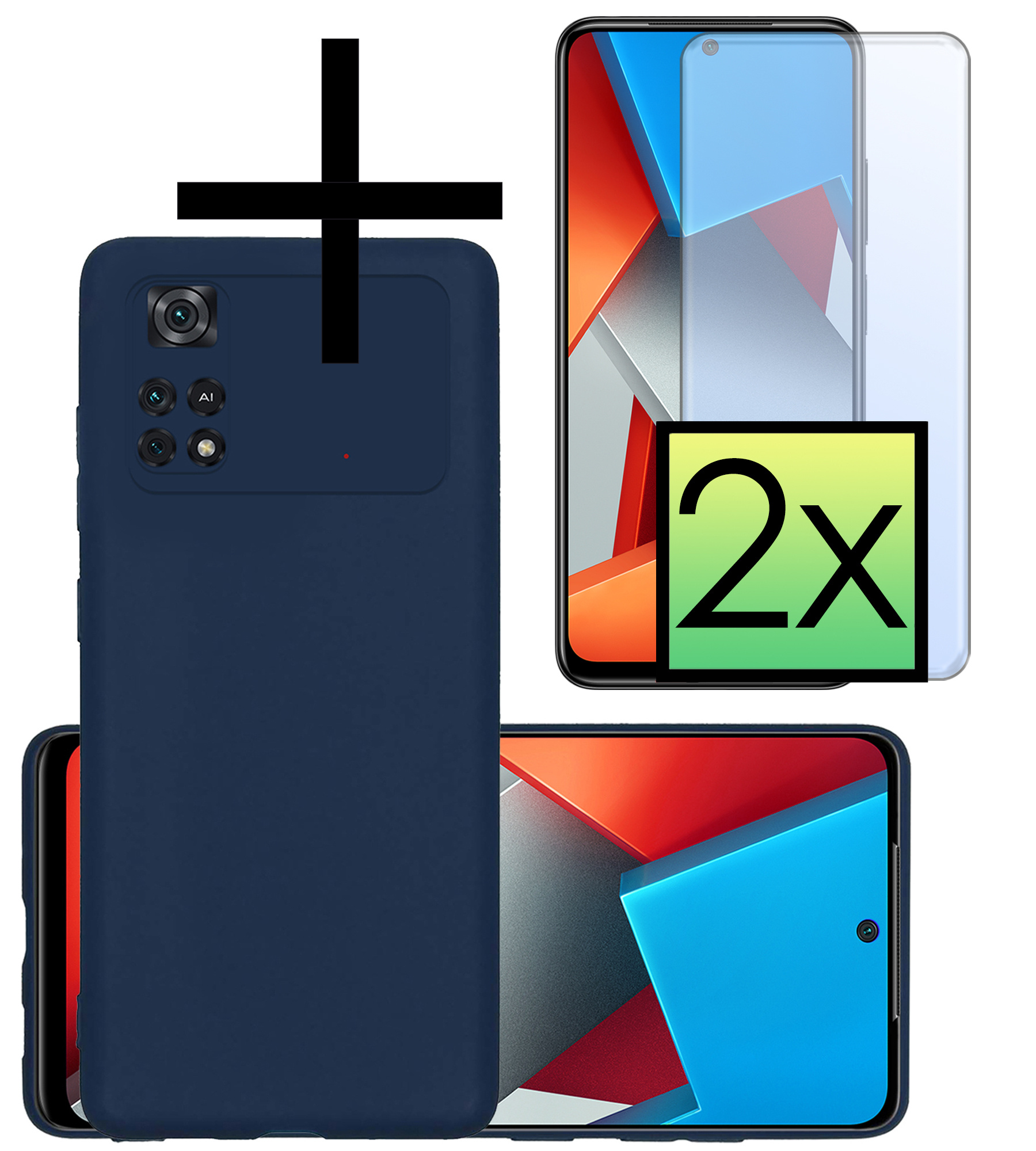 NoXx Xiaomi Poco X4 Pro 5G Hoesje Back Cover Siliconen Case Hoes Met 2x Screenprotector - Donker Blauw