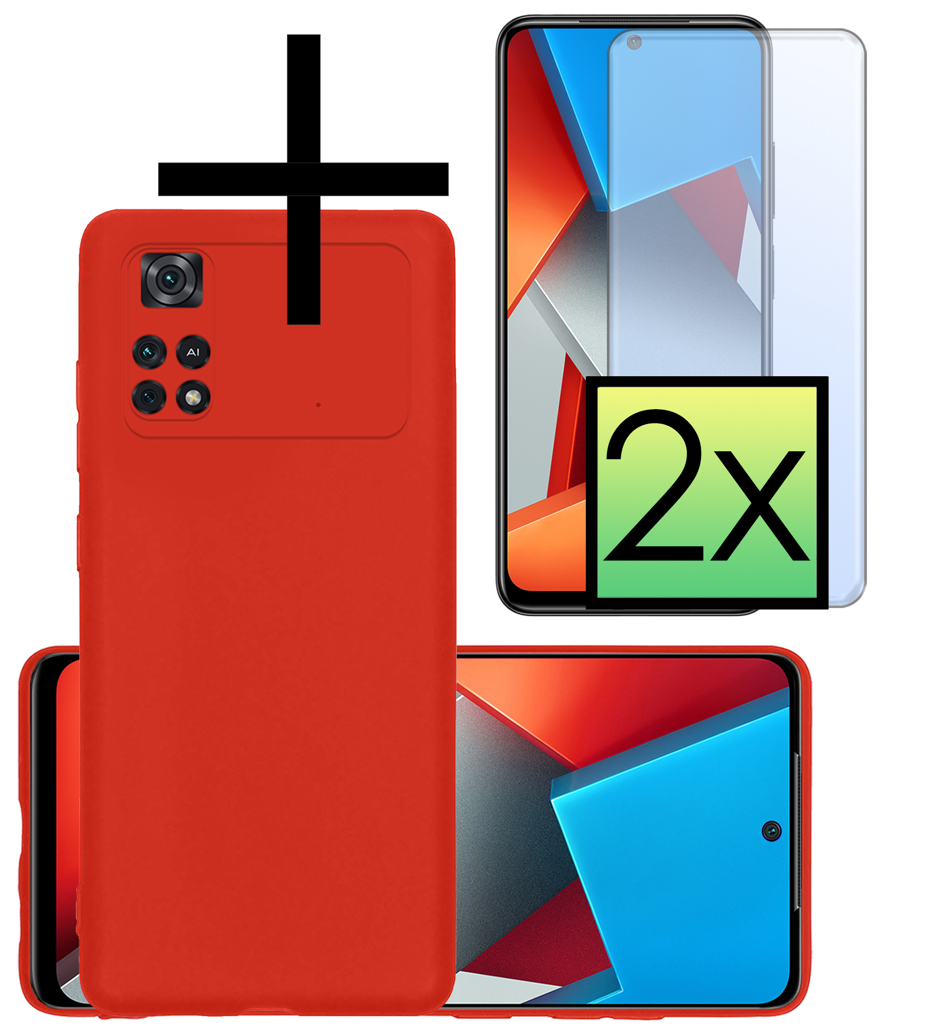 NoXx Xiaomi Poco X4 Pro 5G Hoesje Back Cover Siliconen Case Hoes Met 2x Screenprotector - Rood