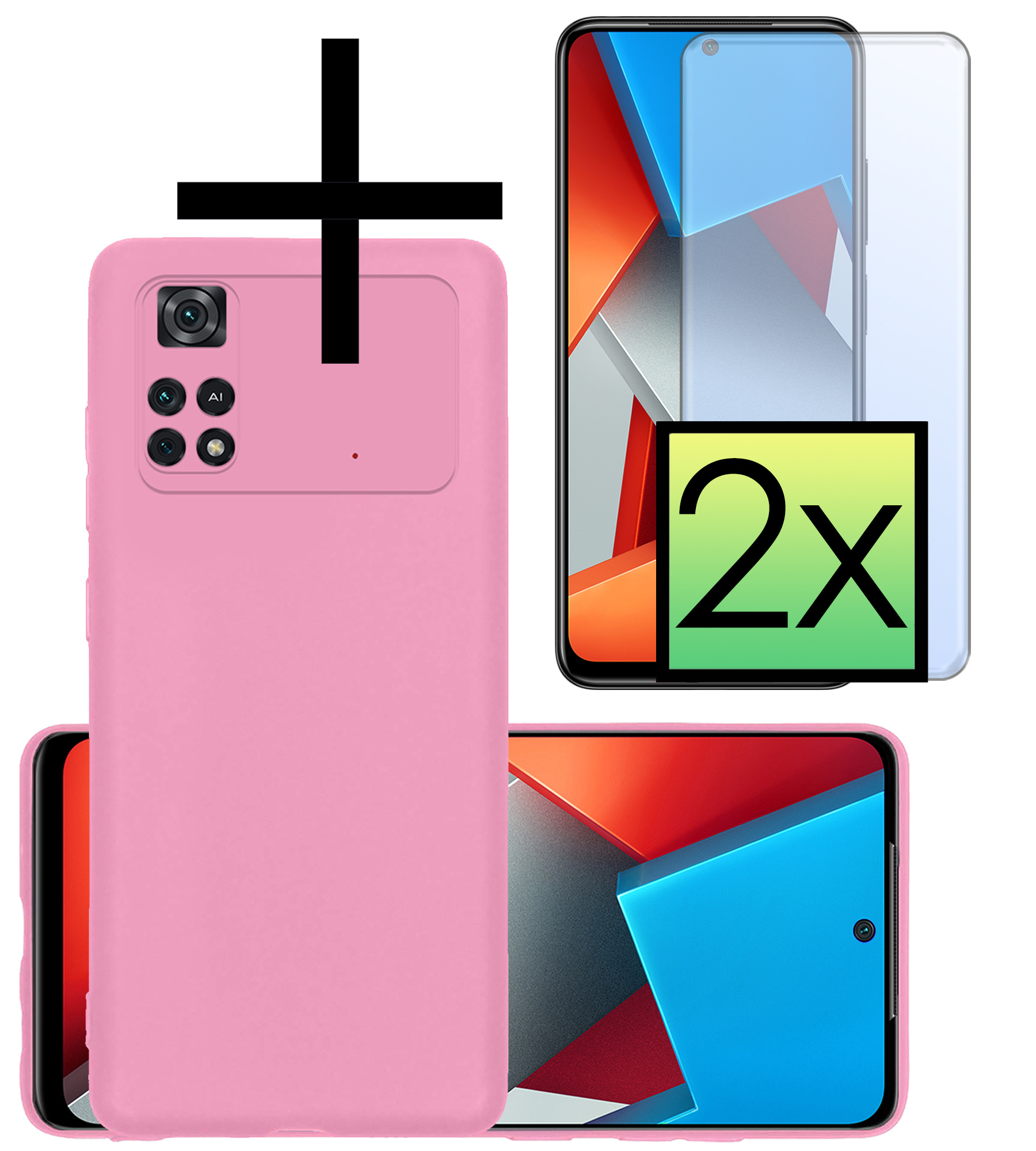 NoXx Xiaomi Poco X4 Pro 5G Hoesje Back Cover Siliconen Case Hoes Met 2x Screenprotector - Licht Roze