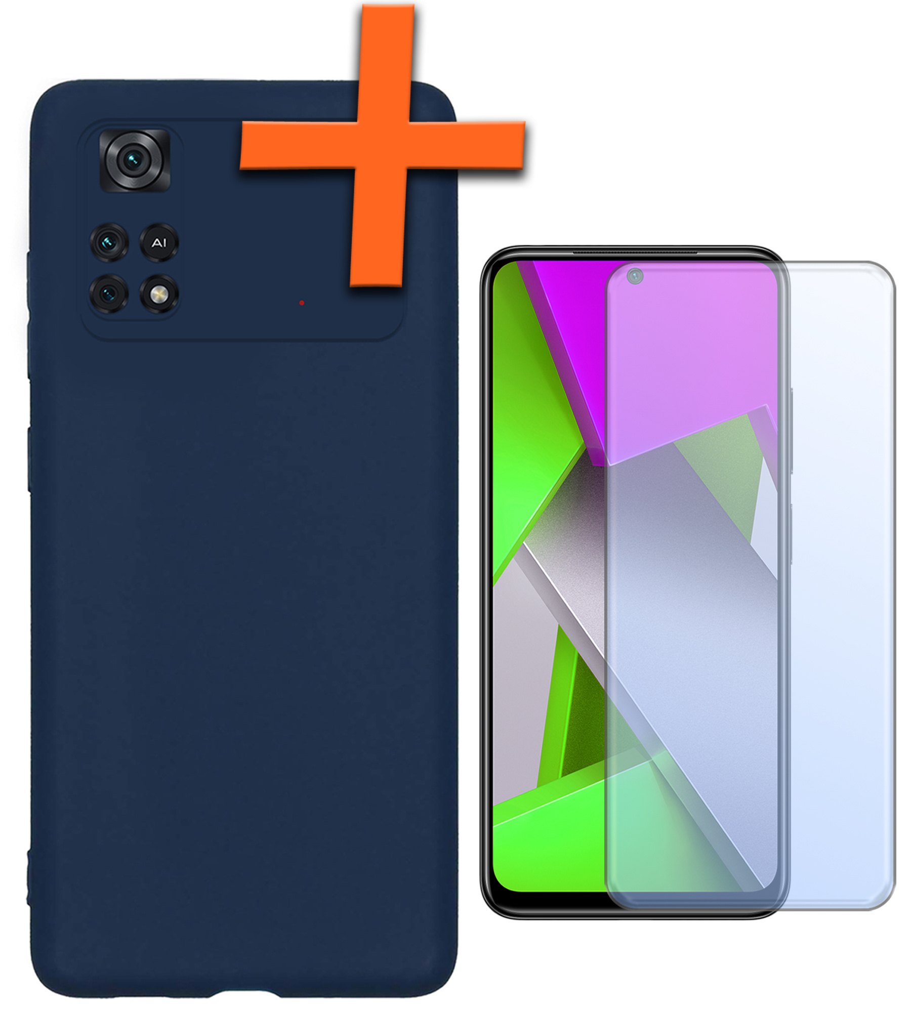 Nomfy Xiaomi Poco X4 Pro 5G Hoesje Siliconen Case Back Cover Met Screenprotector - Xiaomi Poco X4 Pro 5G Hoes Cover Silicone - Donker Blauw