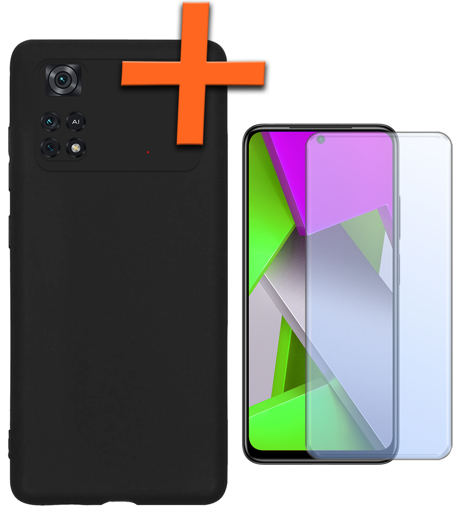 Nomfy Xiaomi Poco X4 Pro 5G Hoesje Siliconen Case Back Cover Met Screenprotector - Xiaomi Poco X4 Pro 5G Hoes Cover Silicone - Zwart