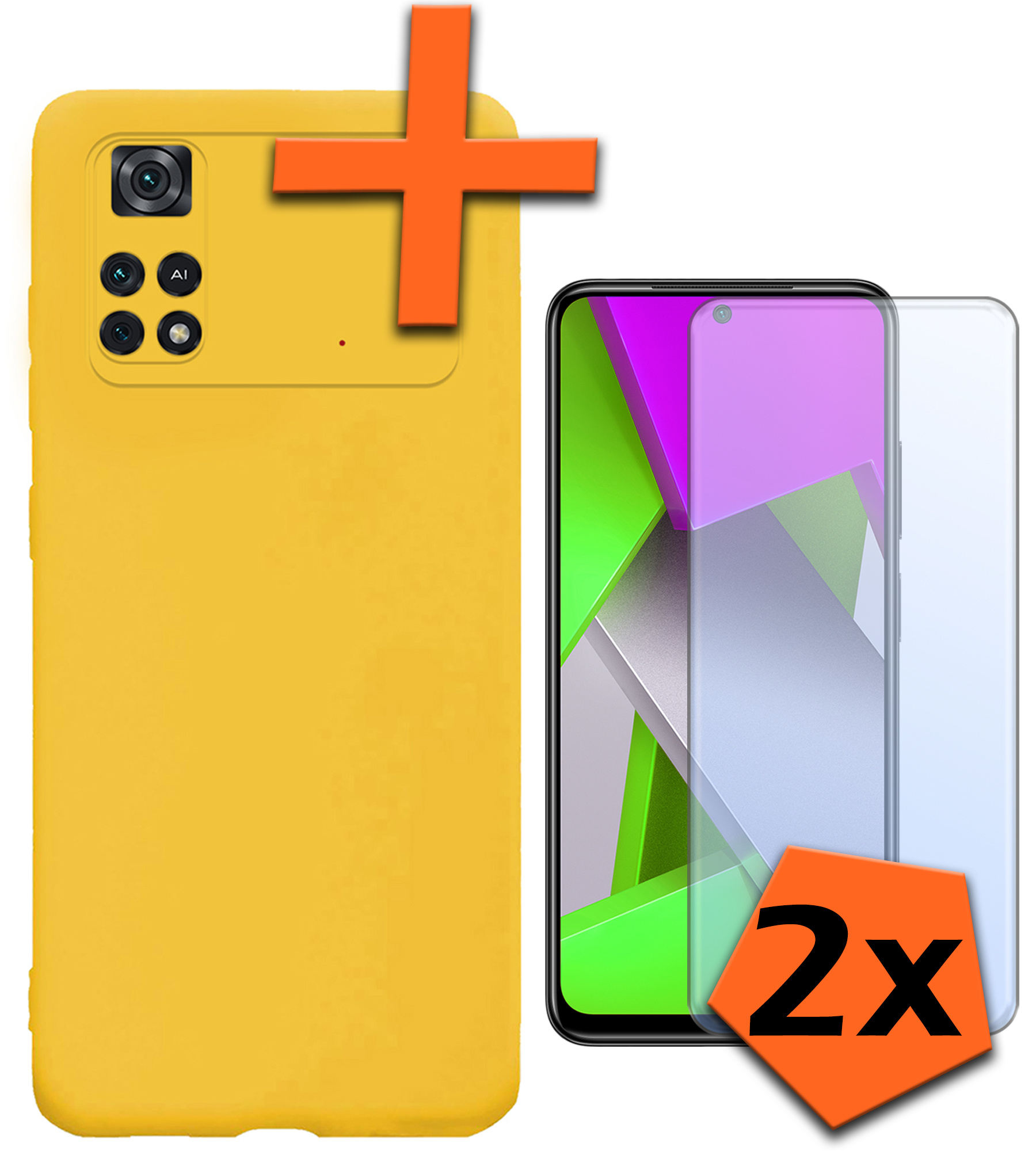 Nomfy Xiaomi Poco X4 Pro 5G Hoesje Siliconen Case Back Cover Met 2x Screenprotector - Xiaomi Poco X4 Pro 5G Hoes Cover Silicone - Geel