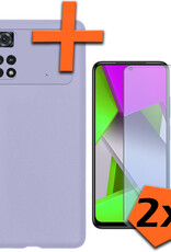 Nomfy Xiaomi Poco X4 Pro 5G Hoesje Siliconen Case Back Cover Met 2x Screenprotector - Xiaomi Poco X4 Pro 5G Hoes Cover Silicone - Lila