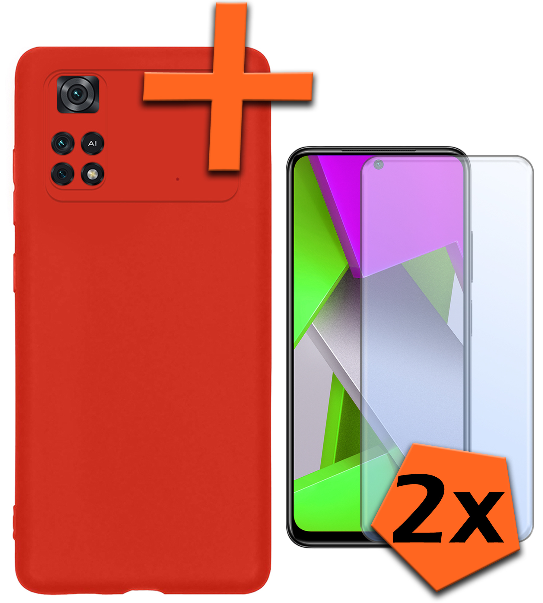 Nomfy Xiaomi Poco X4 Pro 5G Hoesje Siliconen Case Back Cover Met 2x Screenprotector - Xiaomi Poco X4 Pro 5G Hoes Cover Silicone - Rood