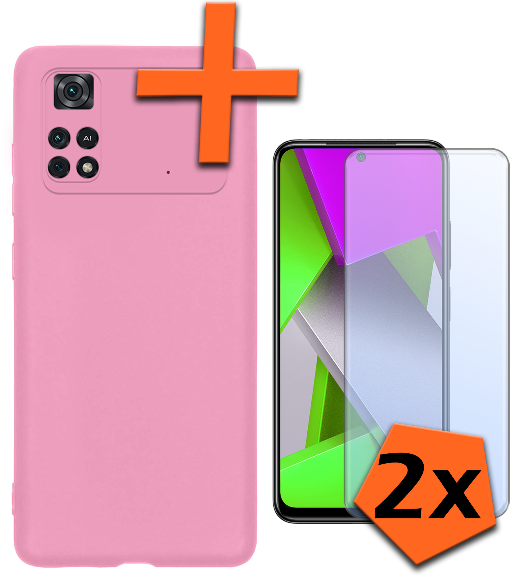 Nomfy Xiaomi Poco X4 Pro 5G Hoesje Siliconen Case Back Cover Met 2x Screenprotector - Xiaomi Poco X4 Pro 5G Hoes Cover Silicone - Licht Roze