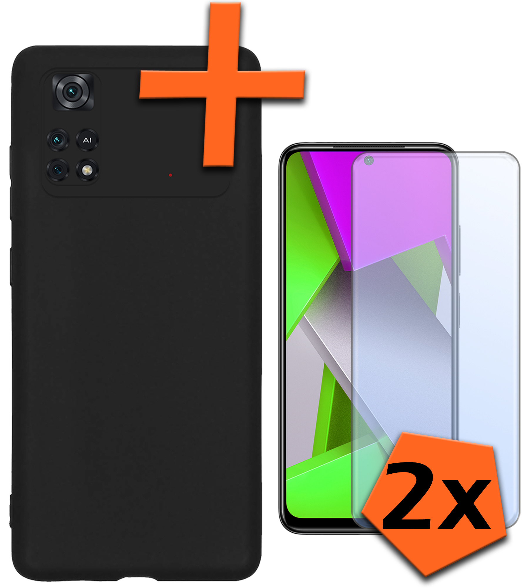 Nomfy Xiaomi Poco X4 Pro 5G Hoesje Siliconen Case Back Cover Met 2x Screenprotector - Xiaomi Poco X4 Pro 5G Hoes Cover Silicone - Zwart