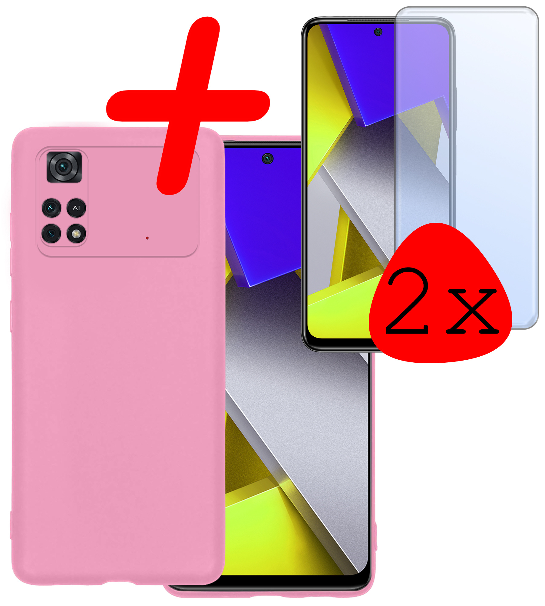 BASEY. Hoes Geschikt voor Poco M4 Pro 4G Hoesje Siliconen Back Cover Case Met 2x Screenprotector - Hoesje Geschikt voor Xiaomi Poco M4 Pro 4G Hoes Cover Hoesje - Lichtroze