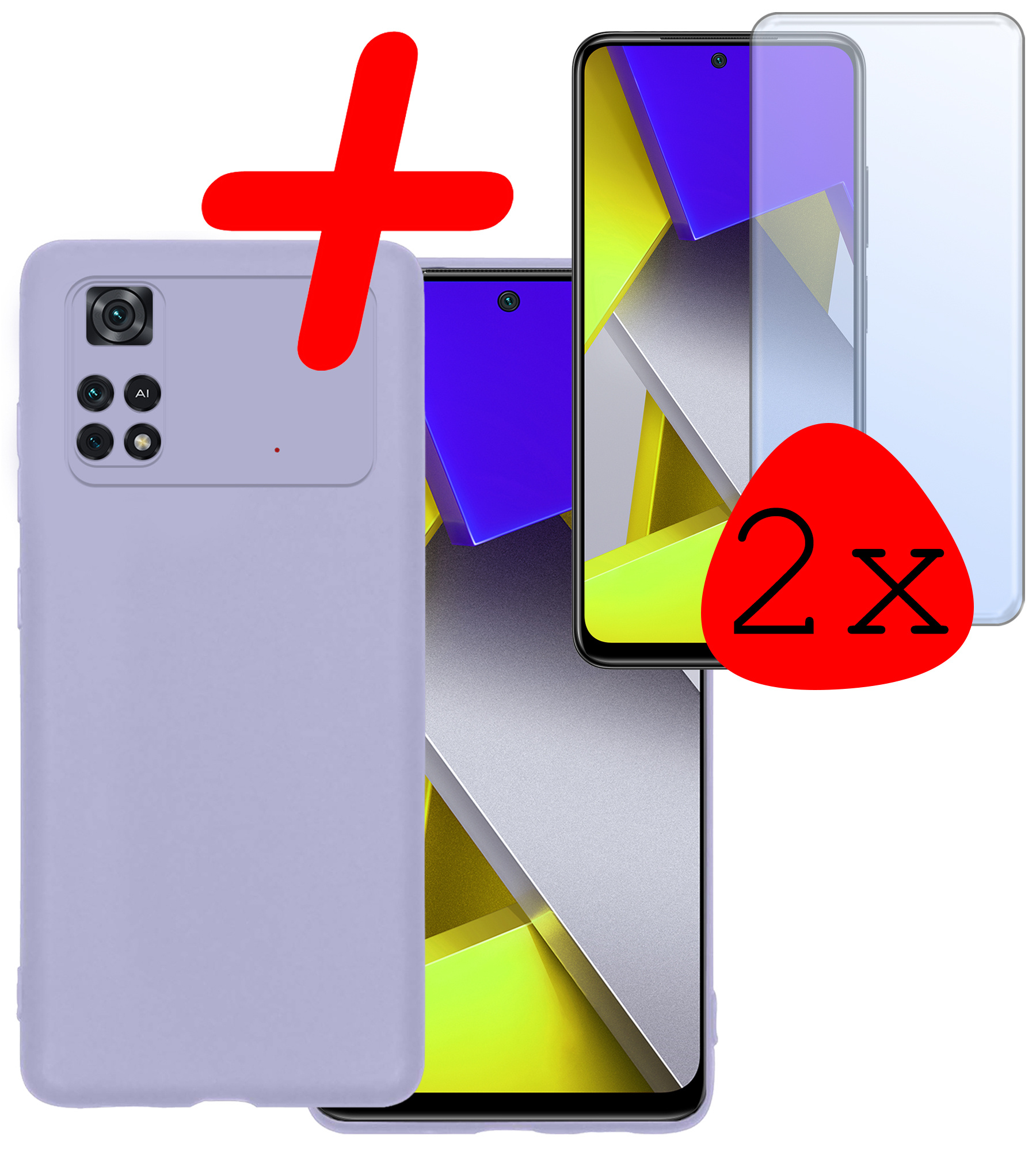 BASEY. Hoes Geschikt voor Poco M4 Pro 4G Hoesje Siliconen Back Cover Case Met 2x Screenprotector - Hoesje Geschikt voor Xiaomi Poco M4 Pro 4G Hoes Cover Hoesje - Lila