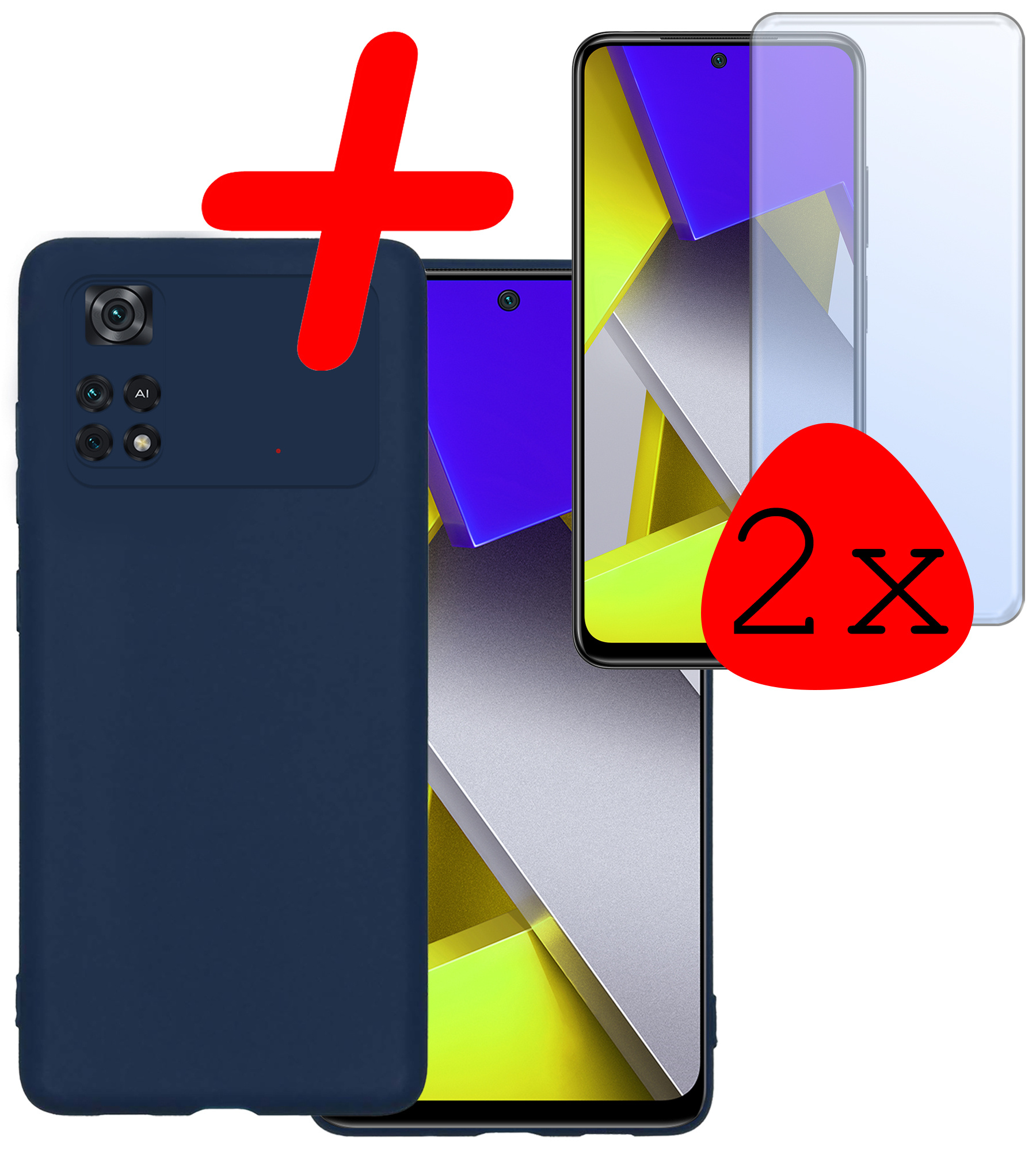 BASEY. Hoes Geschikt voor Poco M4 Pro 4G Hoesje Siliconen Back Cover Case Met 2x Screenprotector - Hoesje Geschikt voor Xiaomi Poco M4 Pro 4G Hoes Cover Hoesje - Donkerblauw