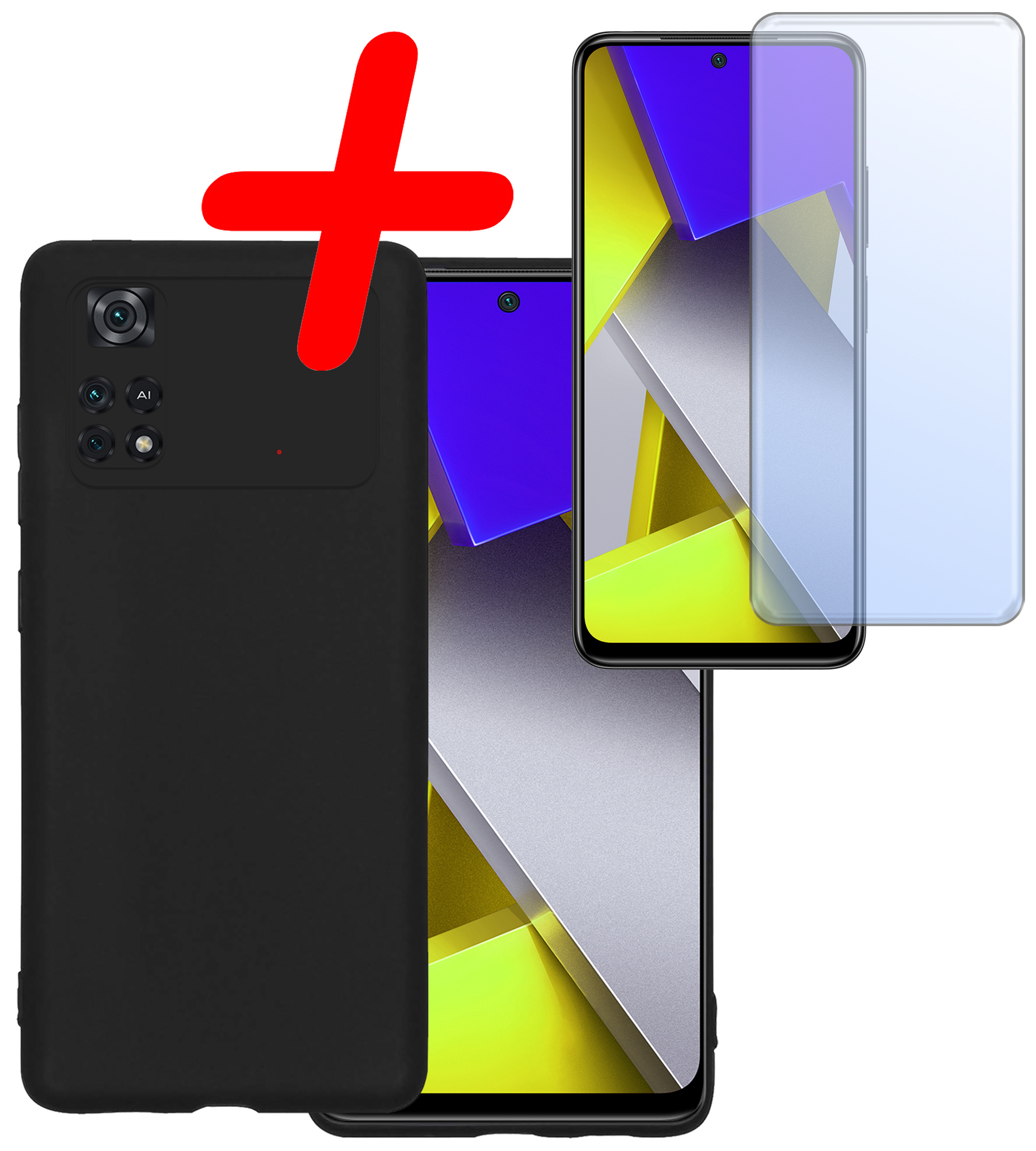 BASEY. Hoes Geschikt voor Poco M4 Pro 4G Hoesje Siliconen Back Cover Case Met Screenprotector - Hoesje Geschikt voor Xiaomi Poco M4 Pro 4G Hoes Cover Hoesje - Zwart