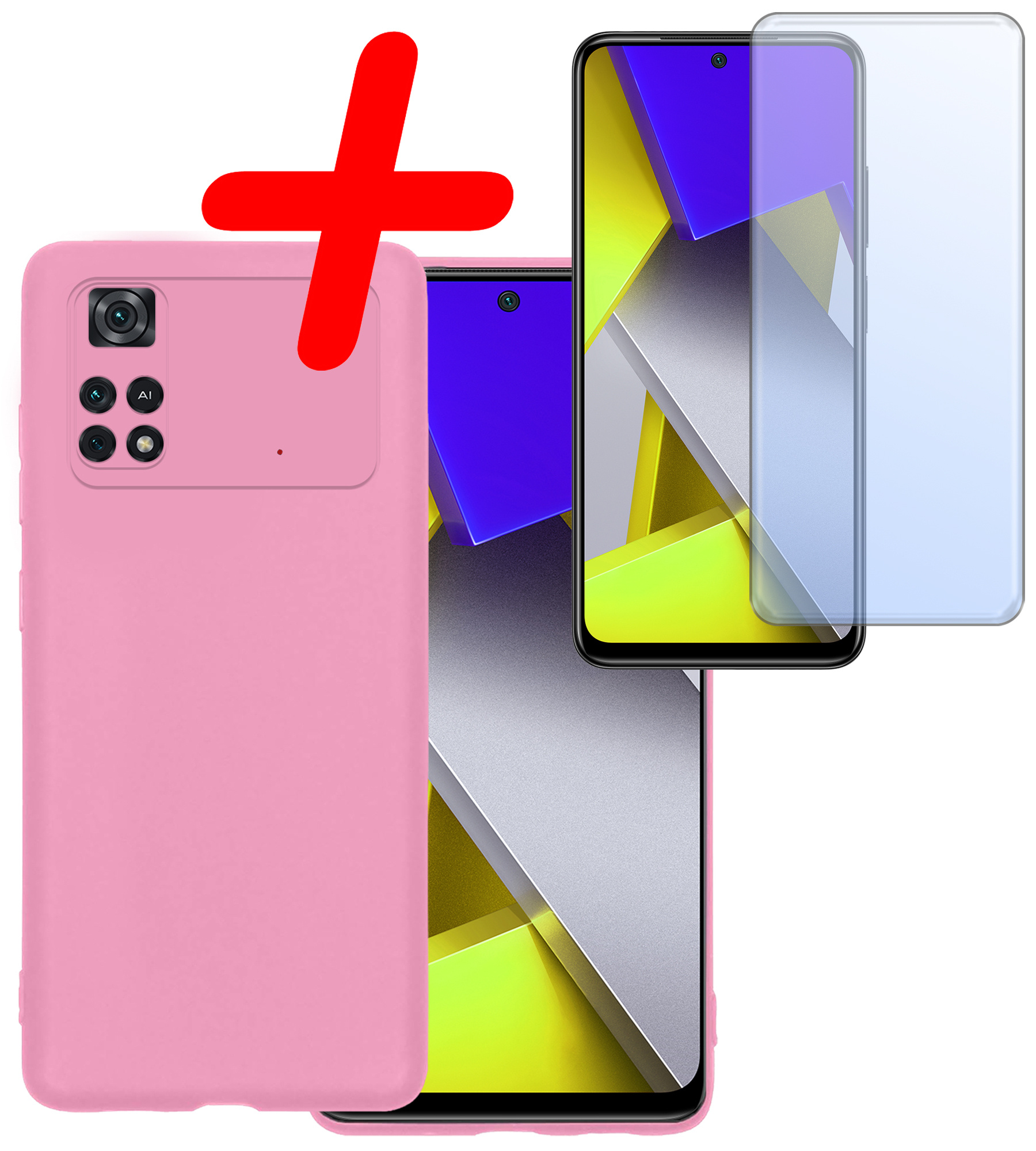 BASEY. Hoes Geschikt voor Poco M4 Pro 4G Hoesje Siliconen Back Cover Case Met Screenprotector - Hoesje Geschikt voor Xiaomi Poco M4 Pro 4G Hoes Cover Hoesje - Lichtroze
