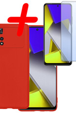 BASEY. Hoes Geschikt voor Poco M4 Pro 4G Hoesje Siliconen Back Cover Case Met Screenprotector - Hoesje Geschikt voor Xiaomi Poco M4 Pro 4G Hoes Cover Hoesje - Rood