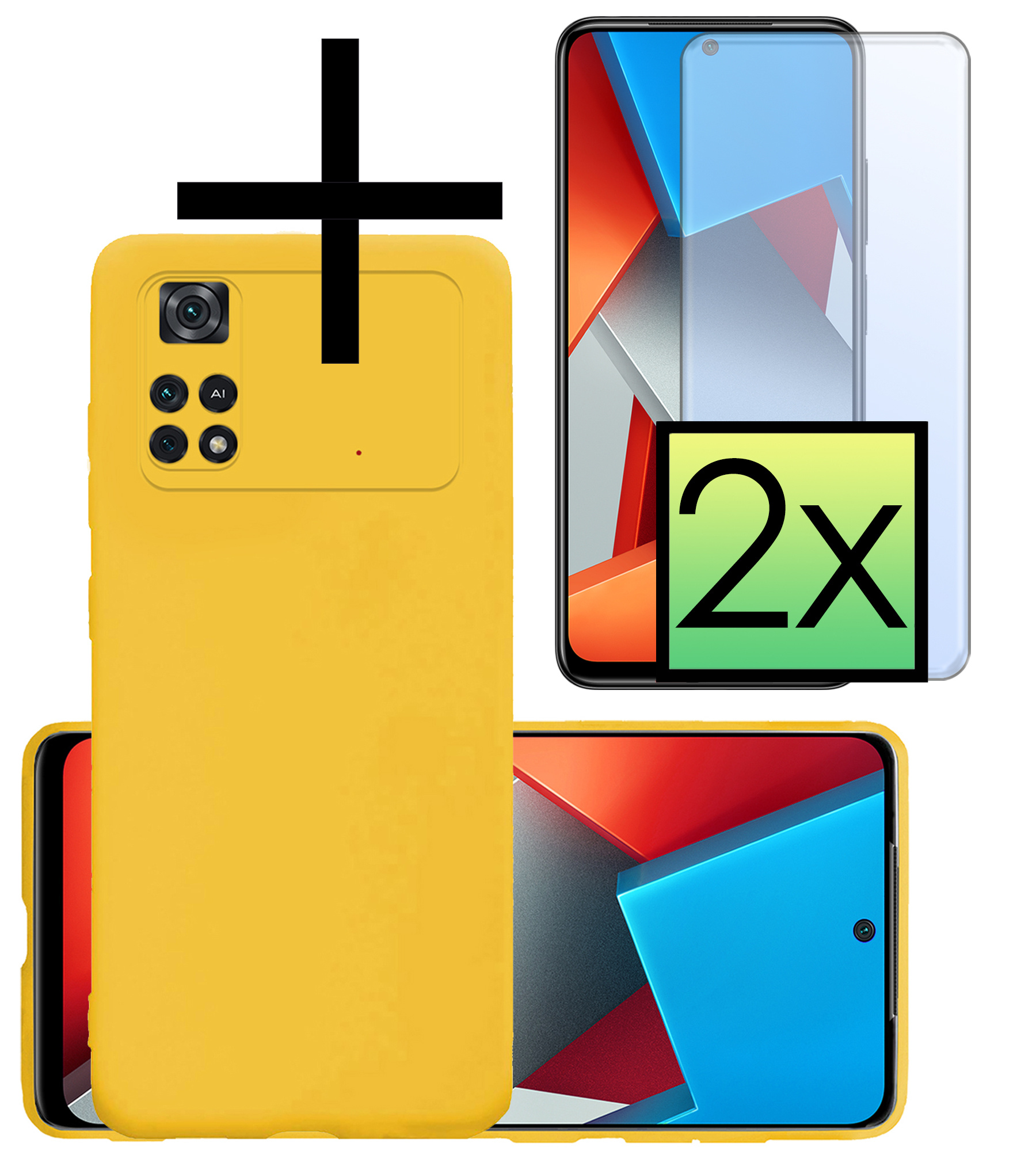 NoXx Xiaomi Poco M4 Pro 4G Hoesje Back Cover Siliconen Case Hoes Met 2x Screenprotector - Geel