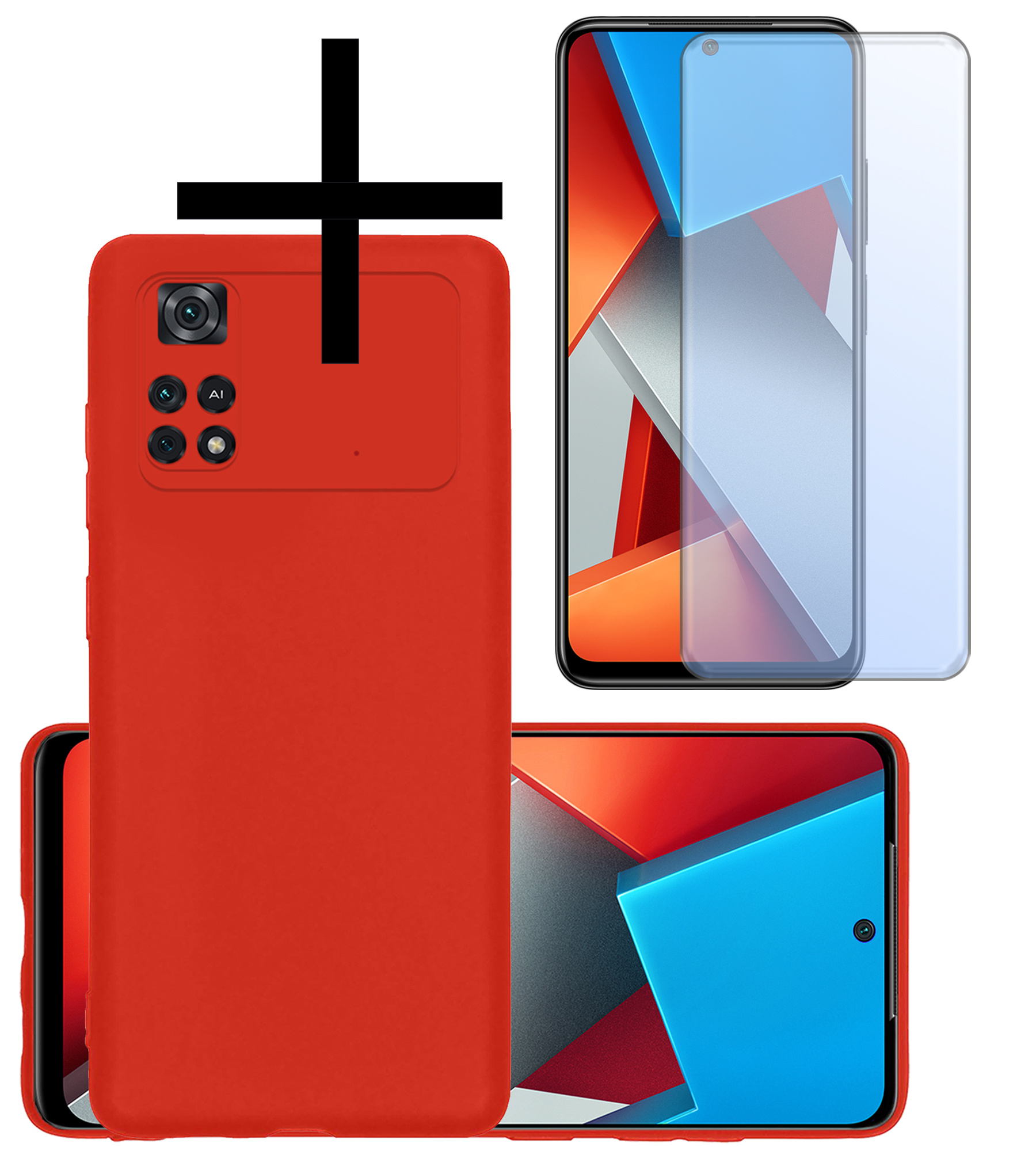 NoXx Xiaomi Poco M4 Pro 4G Hoesje Back Cover Siliconen Case Hoes Met Screenprotector - Rood