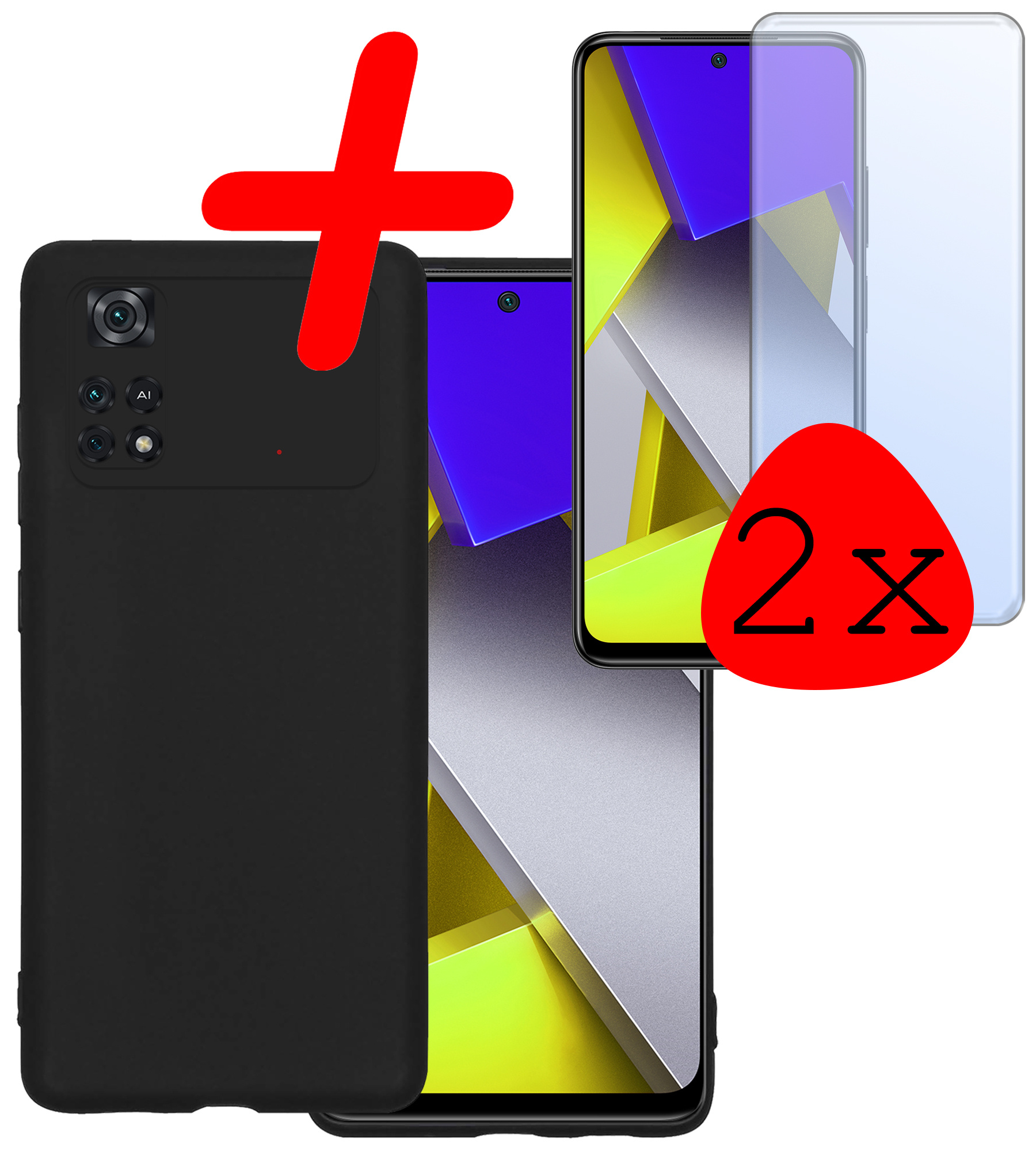 BASEY. Hoes Geschikt voor Poco M4 Pro 4G Hoesje Siliconen Back Cover Case Met 2x Screenprotector - Hoesje Geschikt voor Xiaomi Poco M4 Pro 4G Hoes Cover Hoesje - Zwart