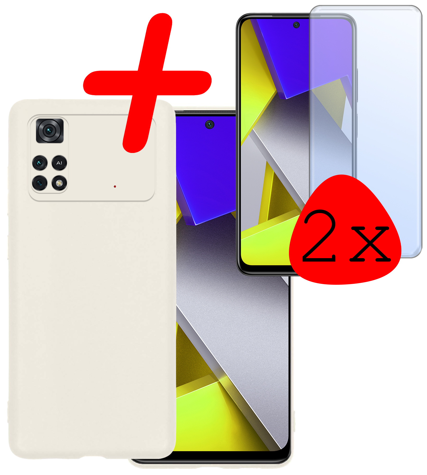 BASEY. Hoes Geschikt voor Poco M4 Pro 4G Hoesje Siliconen Back Cover Case Met 2x Screenprotector - Hoesje Geschikt voor Xiaomi Poco M4 Pro 4G Hoes Cover Hoesje - Wit
