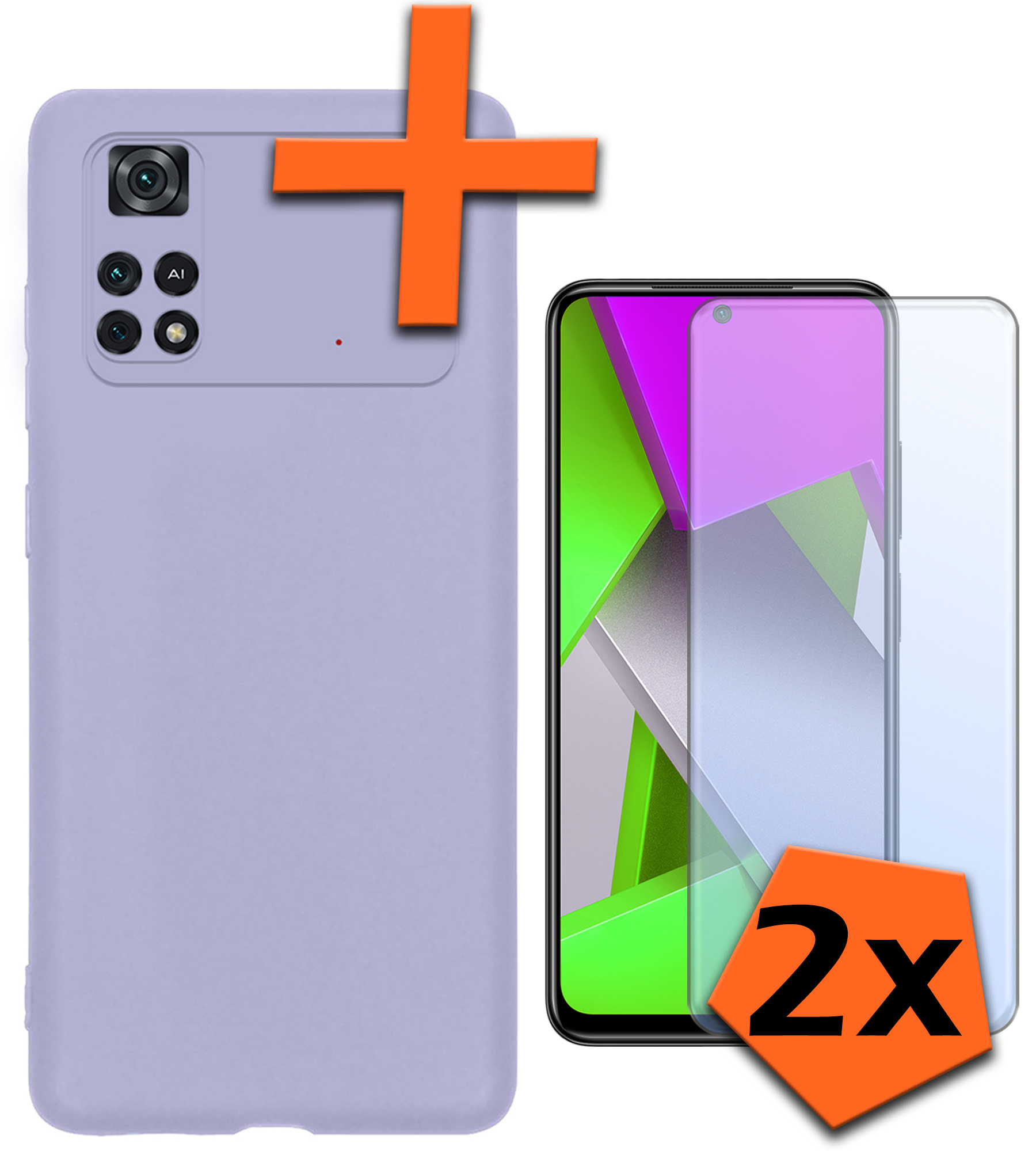 Nomfy Hoesje Geschikt voor Poco M4 Pro 4G Hoesje Siliconen Cover Case Met 2x Screenprotector - Hoes Geschikt voor Xiaomi Poco M4 Pro 4G Hoes Back Case - Lila