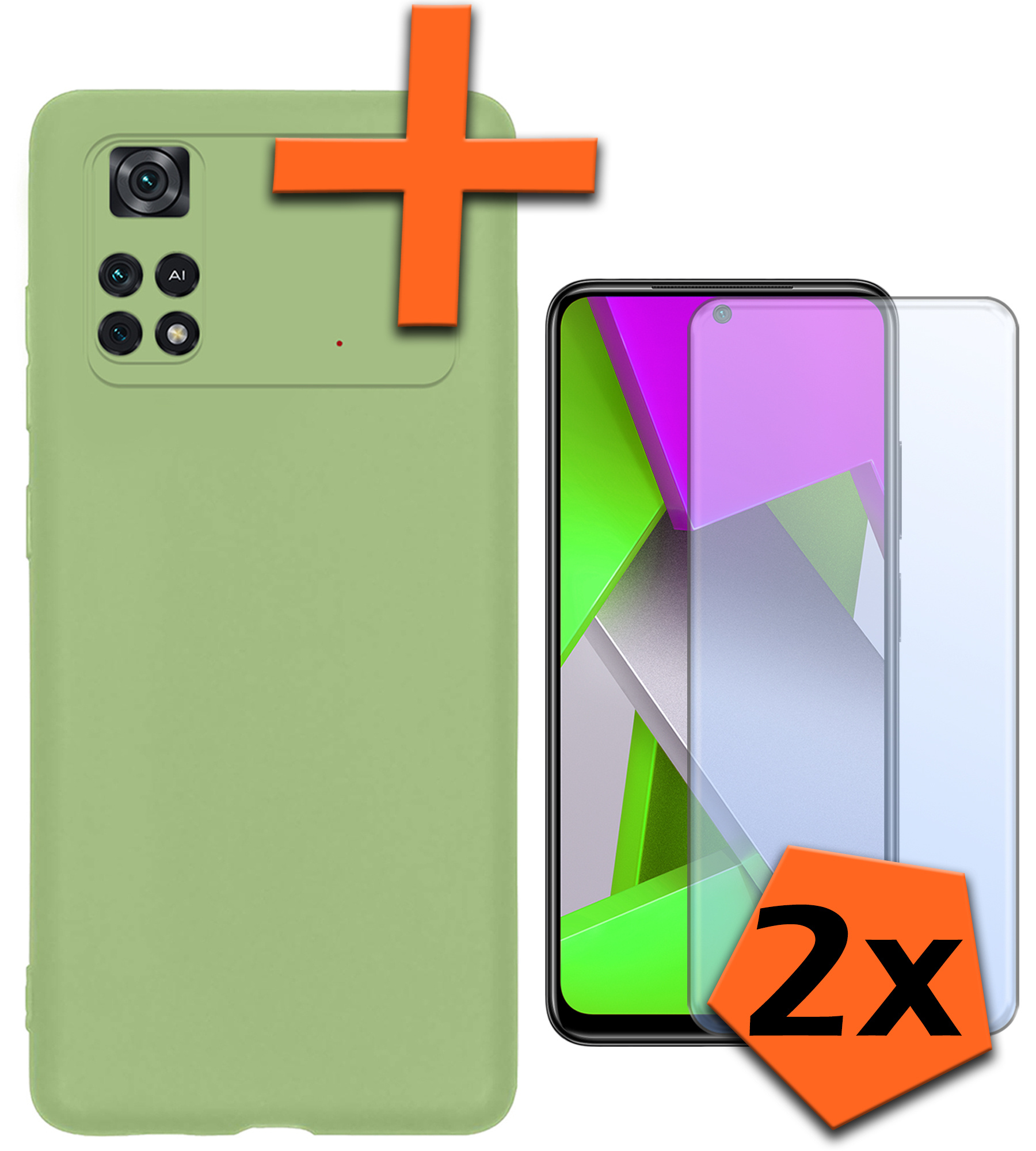 Nomfy Hoesje Geschikt voor Poco M4 Pro 4G Hoesje Siliconen Cover Case Met 2x Screenprotector - Hoes Geschikt voor Xiaomi Poco M4 Pro 4G Hoes Back Case - Groen