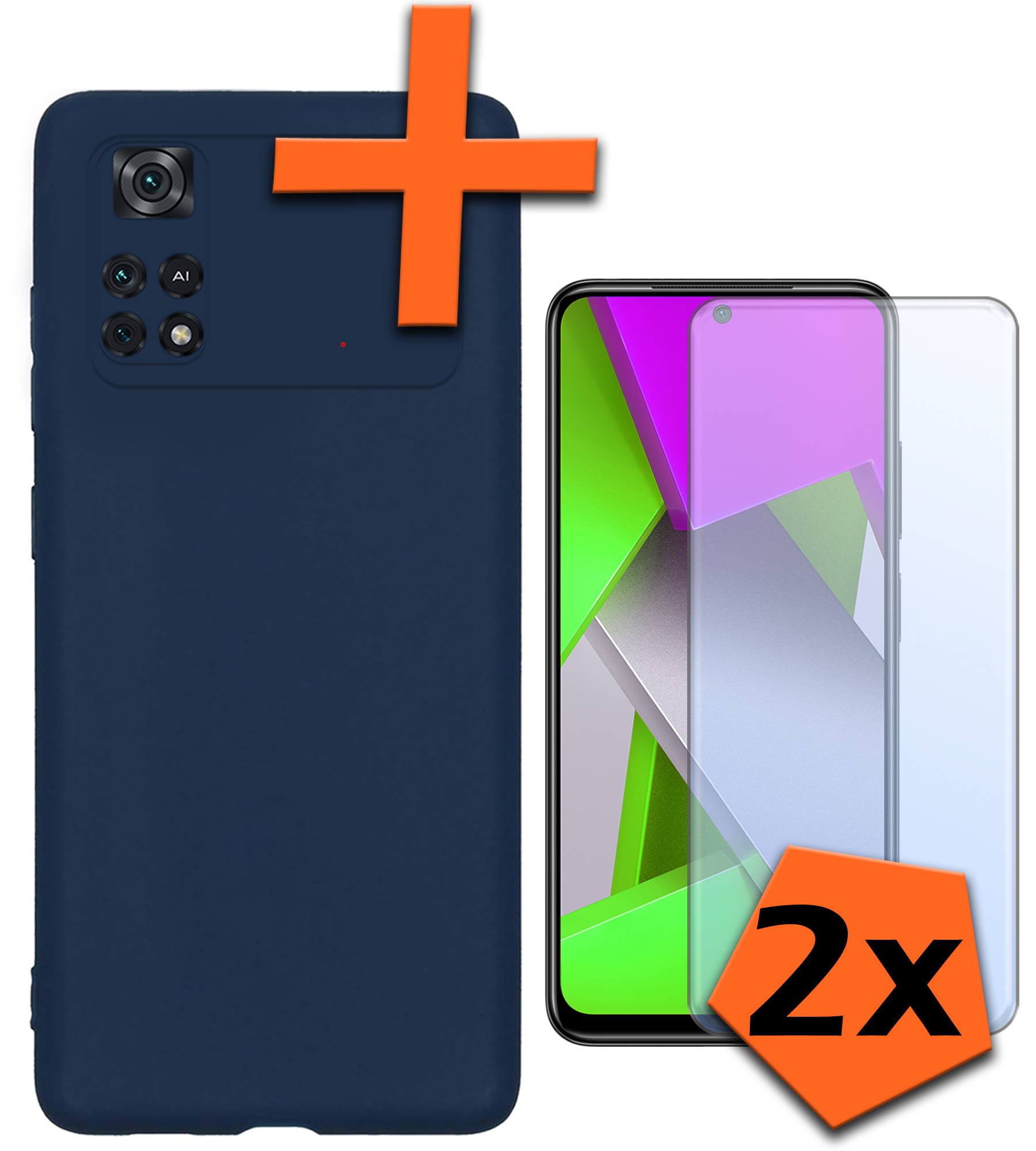 Nomfy Hoesje Geschikt voor Poco M4 Pro 4G Hoesje Siliconen Cover Case Met 2x Screenprotector - Hoes Geschikt voor Xiaomi Poco M4 Pro 4G Hoes Back Case - Donkerblauw