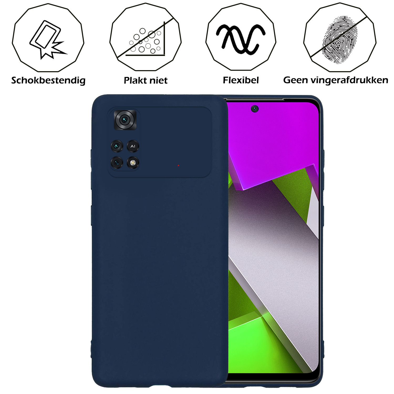 Nomfy Hoesje Geschikt voor Poco M4 Pro 4G Hoesje Siliconen Cover Case Met 2x Screenprotector - Hoes Geschikt voor Xiaomi Poco M4 Pro 4G Hoes Back Case - Donkerblauw