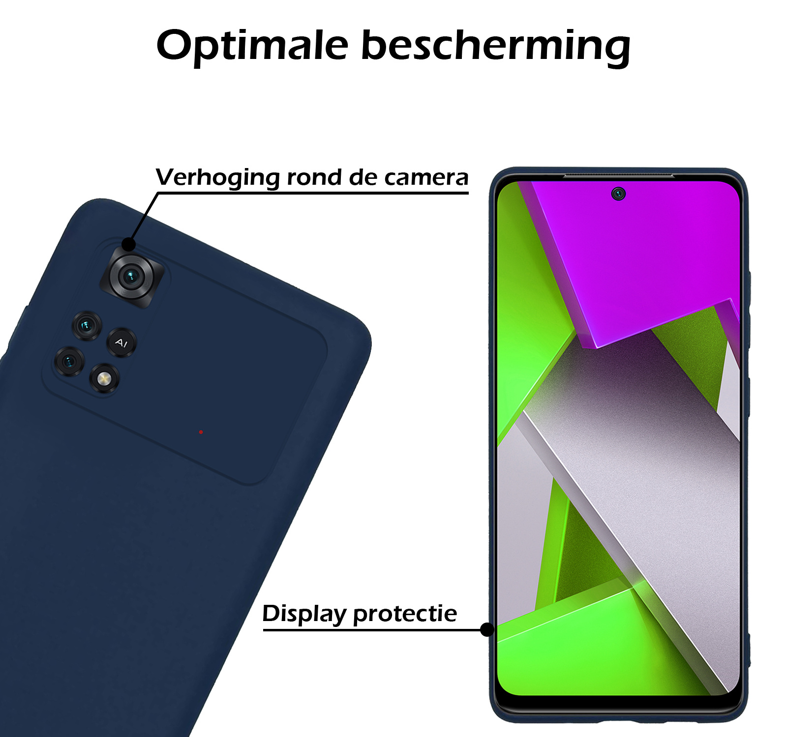 Nomfy Hoesje Geschikt voor Poco M4 Pro 4G Hoesje Siliconen Cover Case Met 2x Screenprotector - Hoes Geschikt voor Xiaomi Poco M4 Pro 4G Hoes Back Case - Donkerblauw