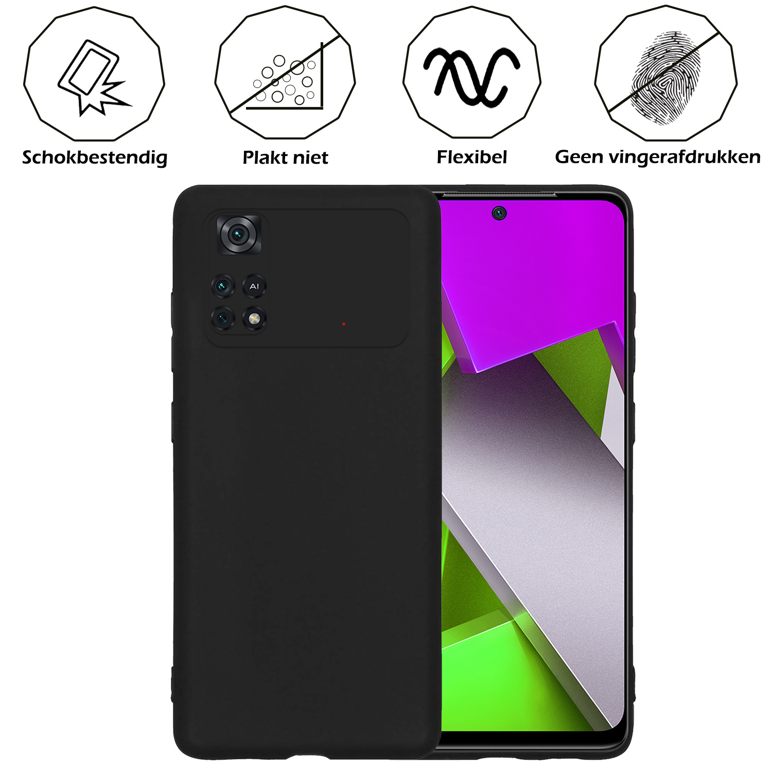 Nomfy Hoesje Geschikt voor Poco M4 Pro 4G Hoesje Siliconen Cover Case Met Screenprotector - Hoes Geschikt voor Xiaomi Poco M4 Pro 4G Hoes Back Case - Zwart