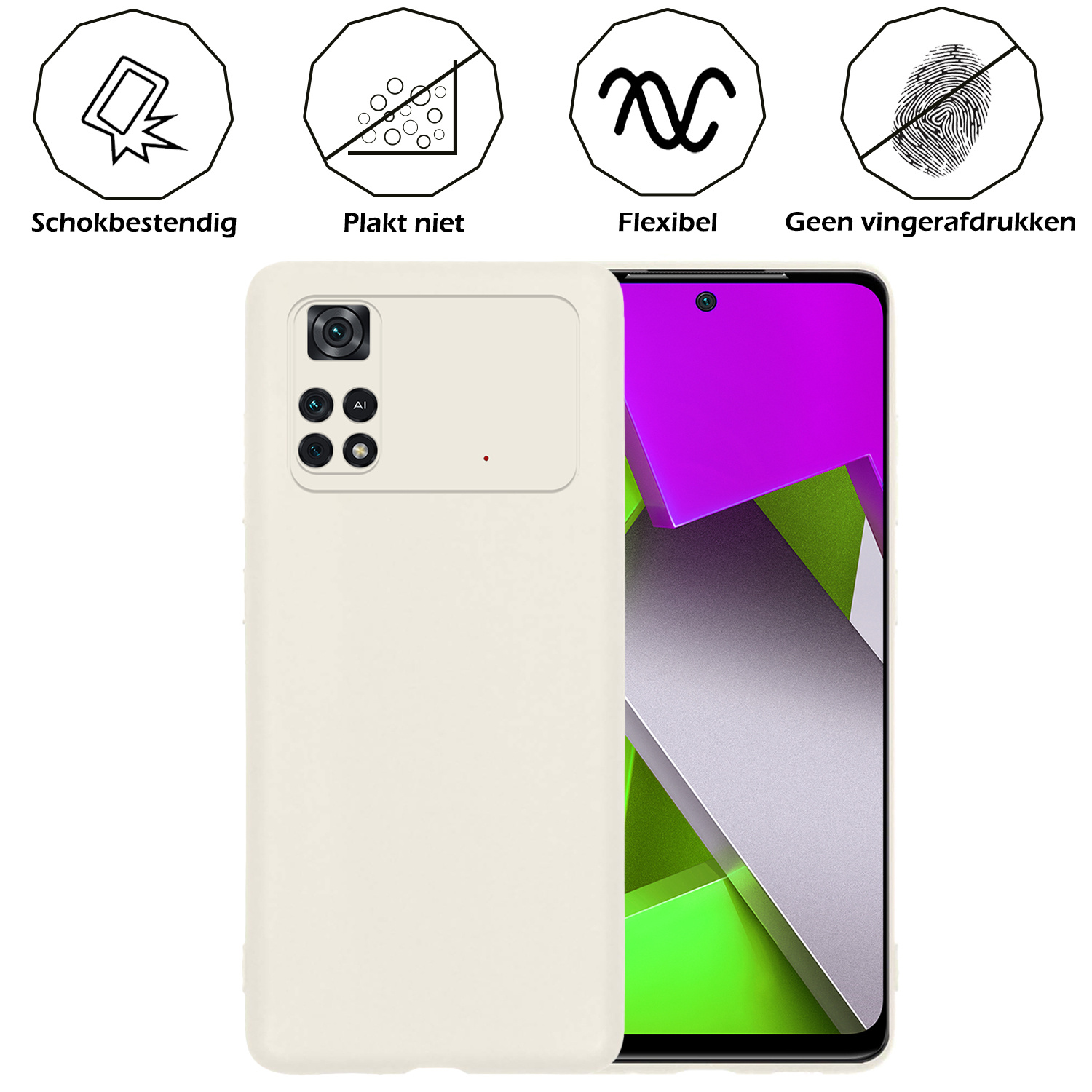 Nomfy Hoesje Geschikt voor Poco M4 Pro 4G Hoesje Siliconen Cover Case Met Screenprotector - Hoes Geschikt voor Xiaomi Poco M4 Pro 4G Hoes Back Case - Wit
