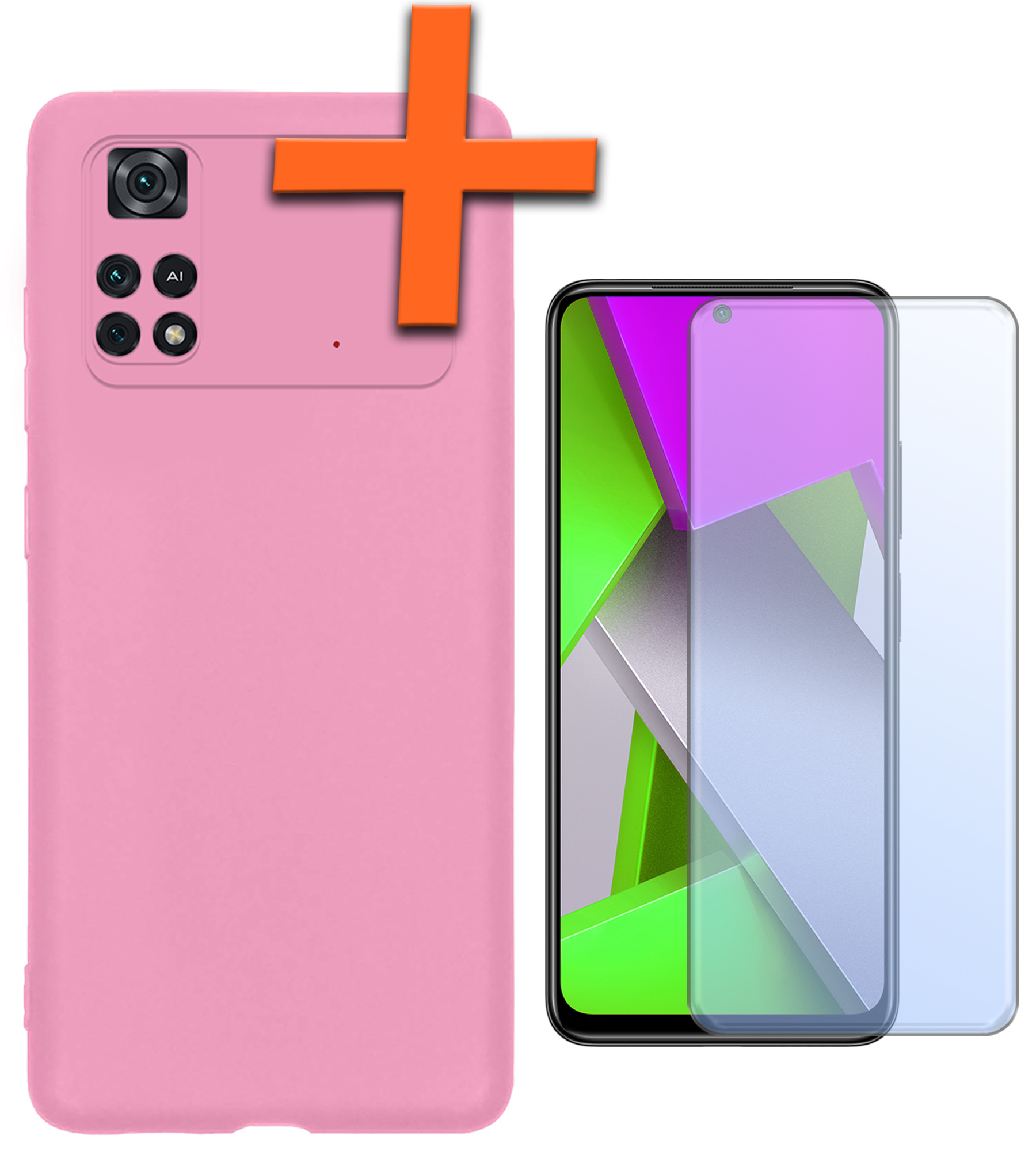Nomfy Hoesje Geschikt voor Poco M4 Pro 4G Hoesje Siliconen Cover Case Met Screenprotector - Hoes Geschikt voor Xiaomi Poco M4 Pro 4G Hoes Back Case - Lichtroze